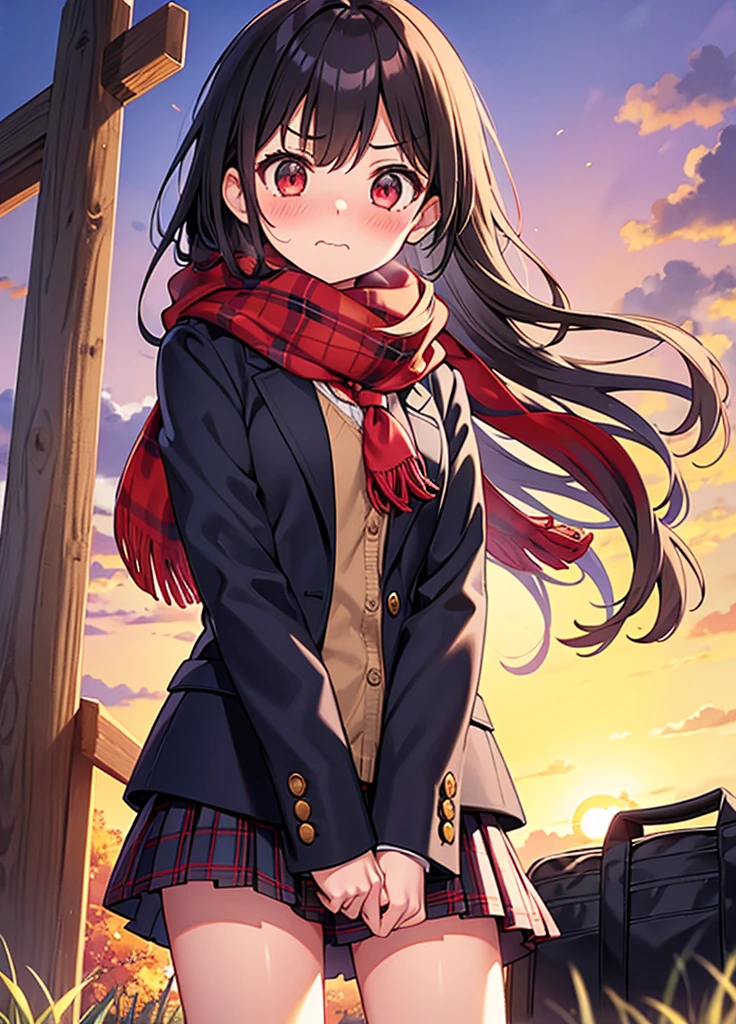 standing, hand between legs, 1girl, scarf, bag, plaid scarf, school bag, sunset, school uniform,mini skirt, red scarf, pleated skirt, jacket, blush, embarrassed, sunset, outdoors, evening, grass, dusk, twilight, from below, angry, wavy mouth