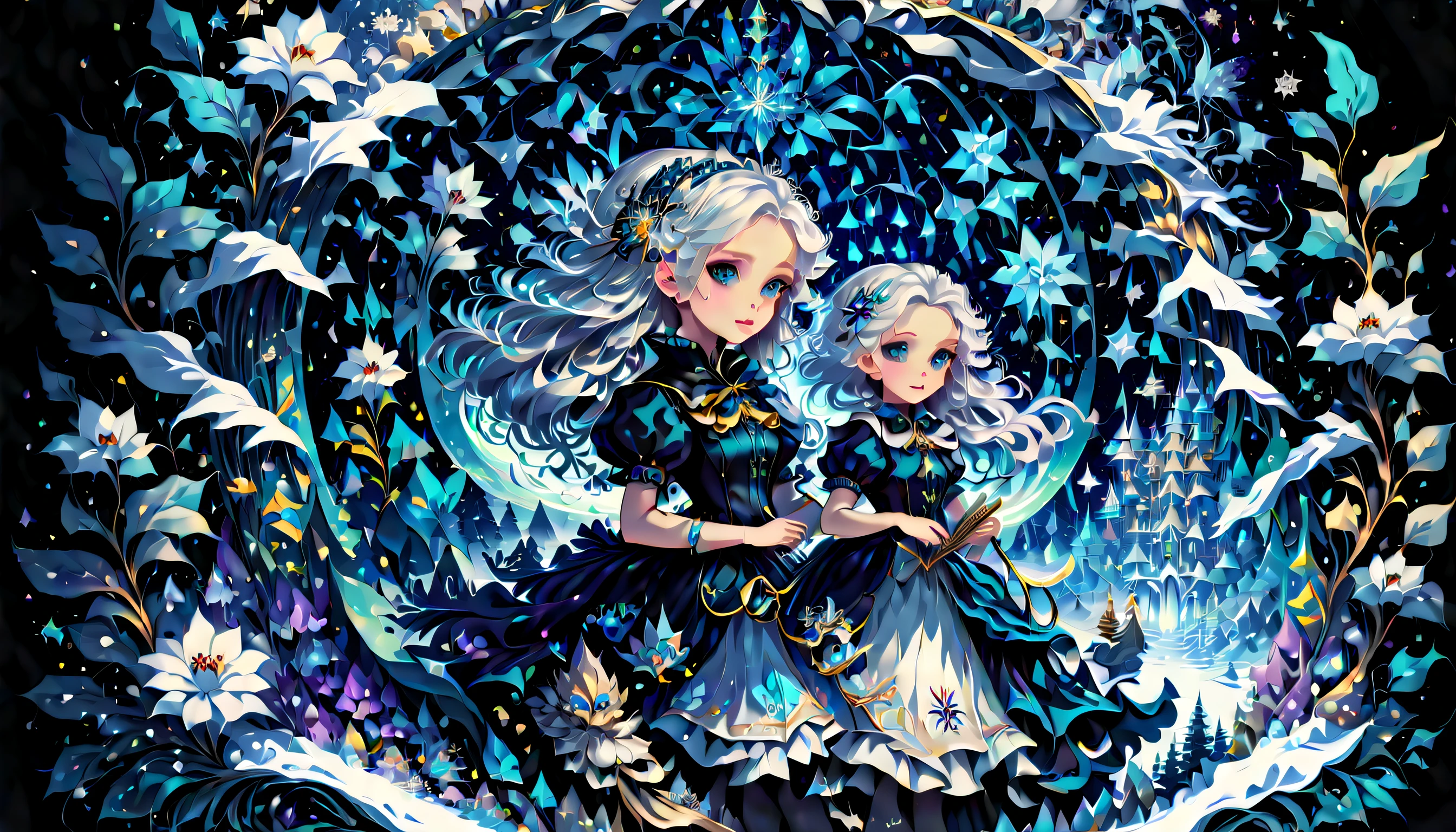 Epic Alice-Wonderland inspired illustration theme snowy winter cityscape, Enchanting beauty pure snowflake cute Alice and snowflake hair accessories, Rich luster and shine、Fluffy hair, big beatiful eyes, In the style of eternal fantasy, intricate detailes, hightquality, prestigious award. Mythical pop Alice embodies holographic rendering, The enchanting beauty of dark fantasy flowers, The juxtaposition of innocence and the background details of the supreme charm of mythology, Painted with amazing realism, Countless enchanting rich colors, every detail was carefully captured, highest level writing, Quality attracts,
