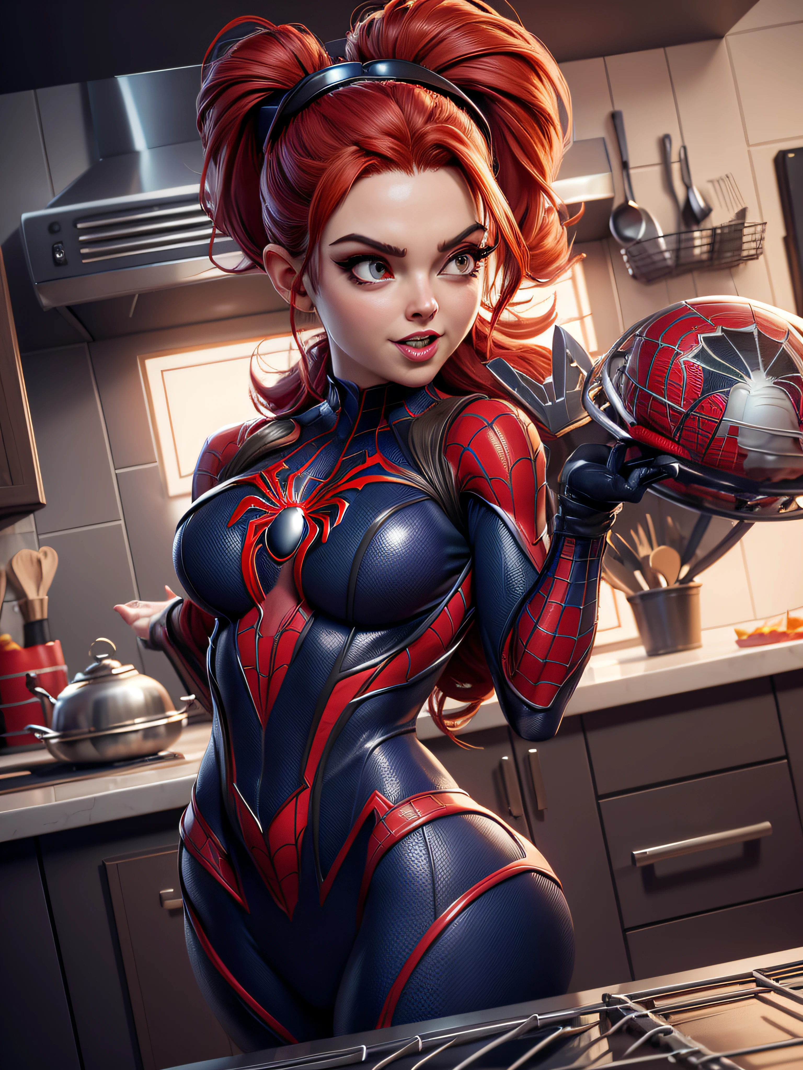 arafed woman in a spider - man costume cooking in a kitchen, ( ( spiderwoman ) ), spiderwoman!!, spiderwoman!!!!!, amouranth as a super villain, jessica nigri, spider gag, in the kitchen, cooking show, spider woman, cute girl wearing tank suit, tiktok video, sydney sweeney, lara croft as spiderwoman