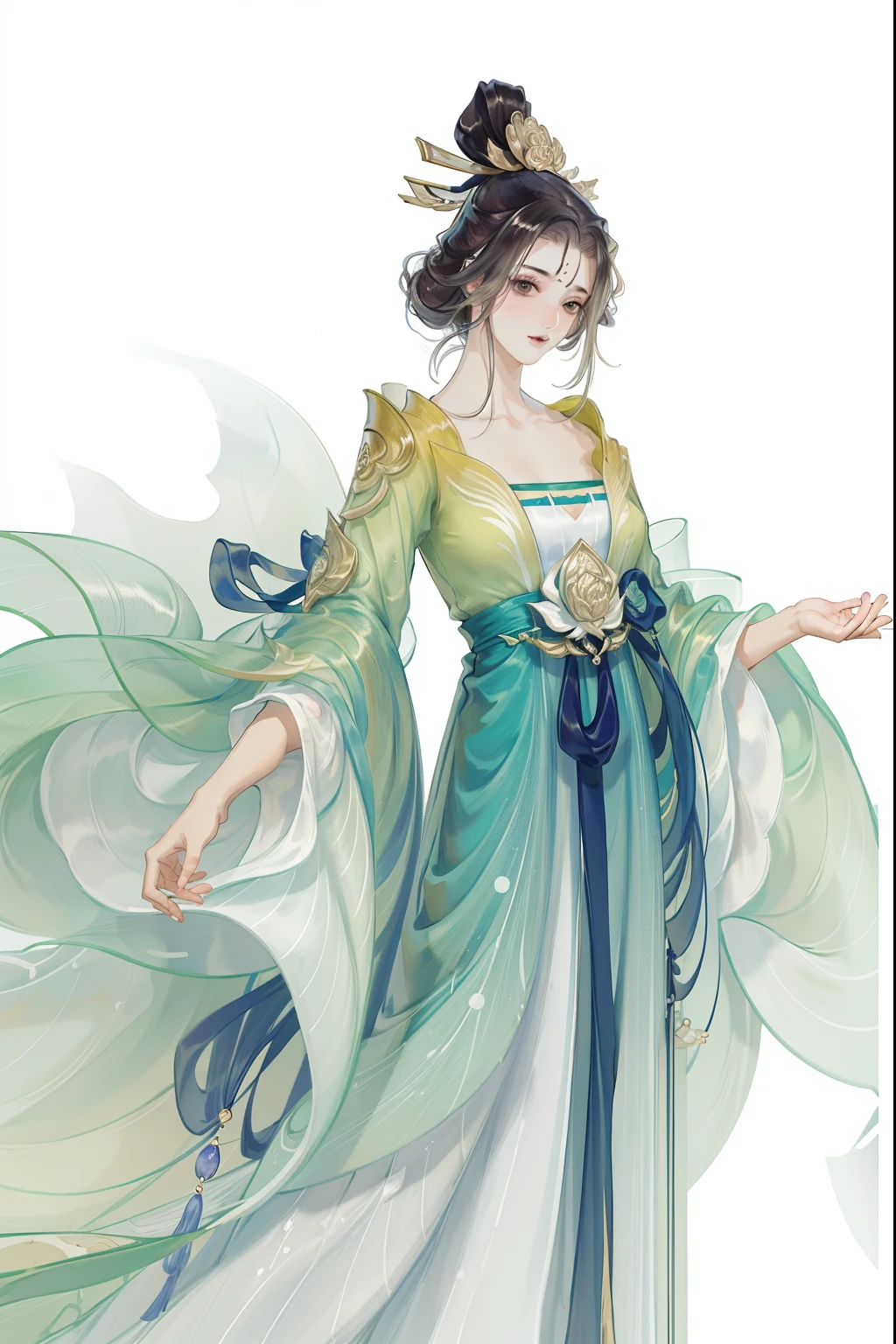 (((tmasterpiece, Best quality, 超高分辨率, CG unified 8K wallpaper, Best quality at best, ultra - detailed, ultra HD picture quality))), 1 girl, cabelos preto e longos, game fairy, Lotus lotus leaf decoration, Greencoat, Hanfu, yarn, flowing gauze, jewely, ((Colorful)), Nice face, beautidful eyes, Beautiful hairstyle, Beautiful costumes, Structurally sound
