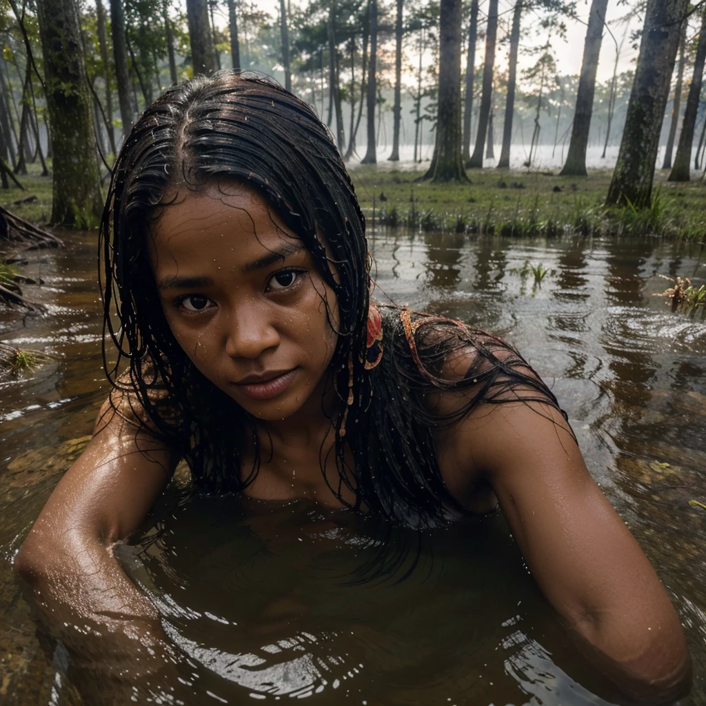 Head of afraid beutifull Malagasy woman Quit comes out of the water with wet face and hair, bare torso, in the forest, trees in the background, fog on the water, best quality, 4k, hyper detailled, high angle view, dramatic and coldcolors, only head out the water and the rest of the body under the water