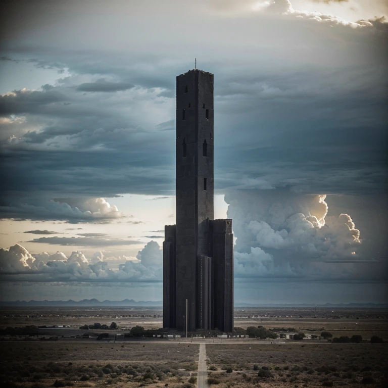 Gigantic black brutalist architecture monolith in the distance standing taller than clouds, so tall you can't see the tip, in a desert, retro grainy camera lense liminal space style