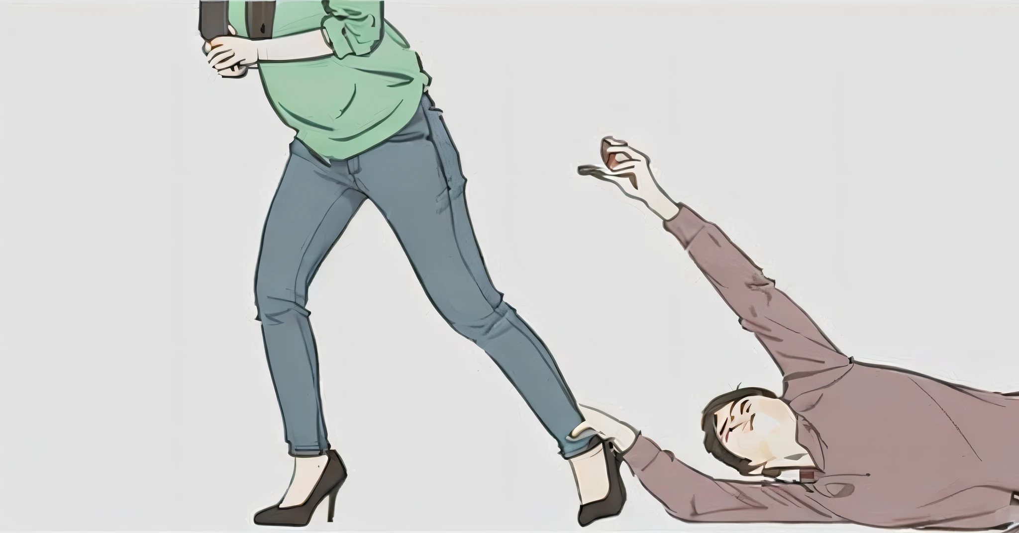 cartoon of a woman reaching for a man who  falling off his knees, funny illustration, wikihow illustration, ilustration, illustration!, wikihow, humorous illustration, instagram picture, by Pinchus Kremegne, by Will Ellis, illustration], hold up smartphone, illustrative!!, wearing jeans, an illustration, by Simon Ushakov, funny weird illustration