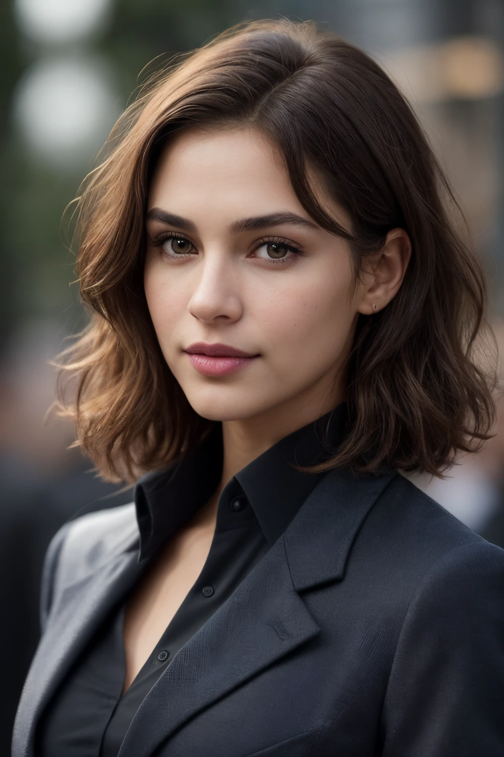 Breathtaking cinematic photo of a 30 year old girl with brown hair and brown eyes, closed mouth smile, beautiful lips, intricate details, shallow depth of field, vignette, highly detailed, high budget Hollywood film, Bokeh, Cinemascope , Moody, epic, beautiful, filmic grain, masterpiece, award-winning, professional, highly detailed, detailed skin texture, (blush: 0.5), (goosebumps: 0.5). (the most beautiful woman in the world) (brown hair) (short curly hair, wild hair, stylish cut) thin face, thin nose, beautiful, very beautiful, perfect face, slender body (slender), (brown hair) (brown eyes ) (white skin) Beautiful body, western face, predatory eyes, pink lips, thick thighs. full body, western beauty, thin nose, beautiful, perfect, ((best quality)), ((ultra resolution)), ((photorealistic: 1.4)), (intricate details), perfect face, makeup: 1.5 , clear face, facial details. front view ((blue dress shirt, black coat, black suit, black dress pants))