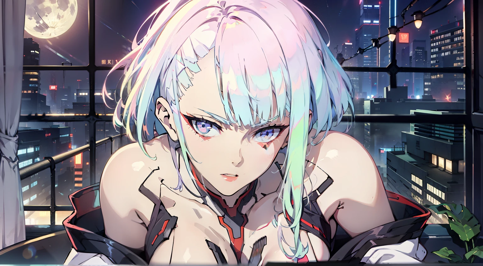 Cyberpunk room, room in cyberpunk style, Large window, luna, night city,