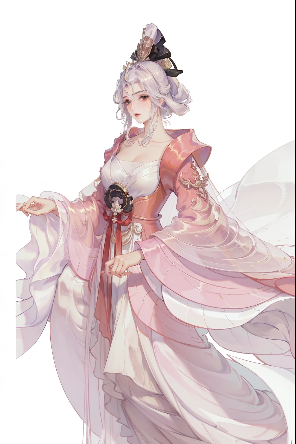 (((tmasterpiece, Best quality at best, 超高分辨率, CG unified 8K wallpaper, Best quality, ultra - detailed, ultra HD picture quality))), 1 girl, Long white hair, game fairy, Big red clothes, Hanfu, yarn, flowing gauze, jewely, Nice face, beautidful eyes, Beautiful hairstyle, Beautiful costumes, Structurally sound