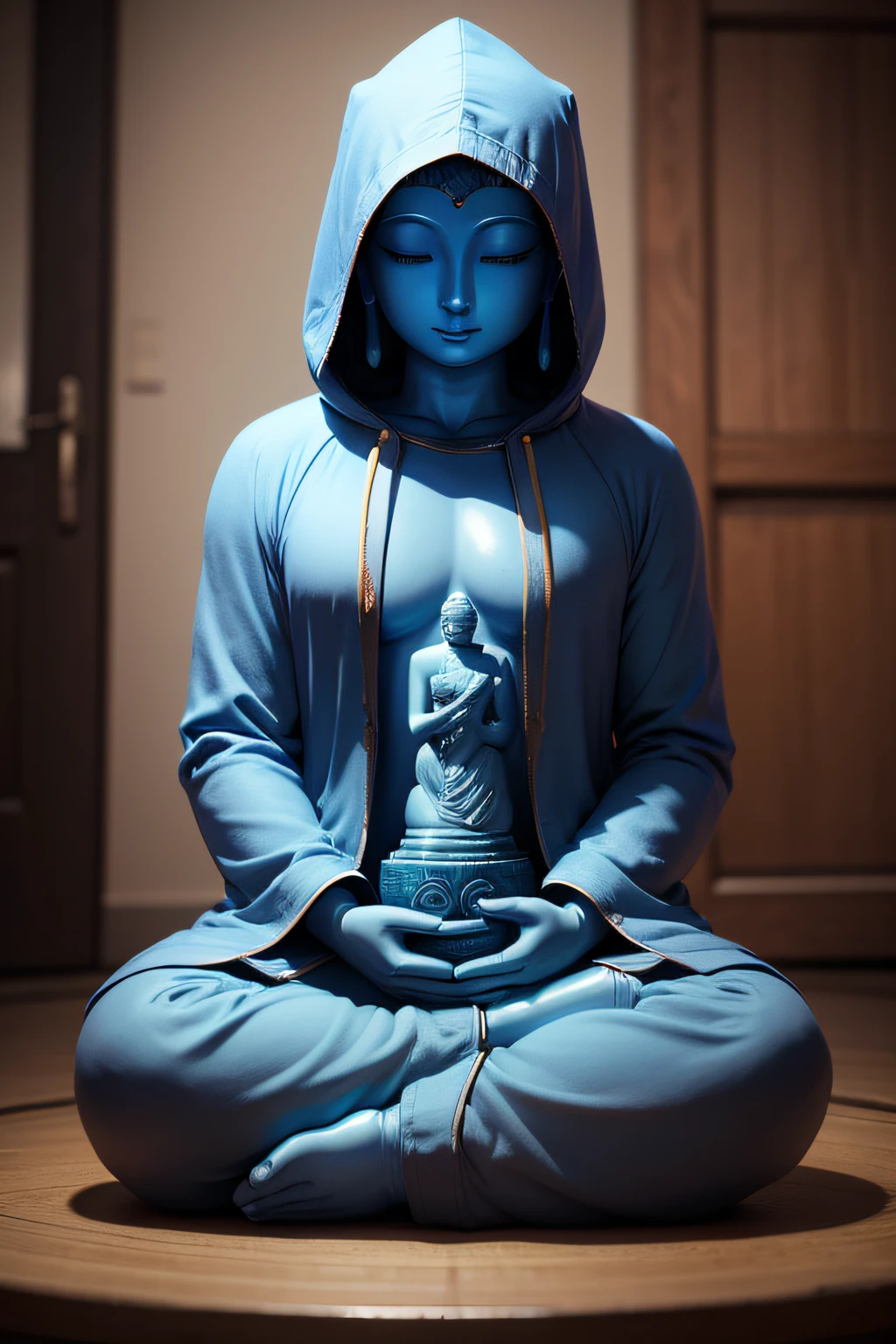 There is a blue Buddha statue facing the front and wearing a hoodie hood,Buddha, the buddha, buddhism, beautiful image,Buddha,Buddha
