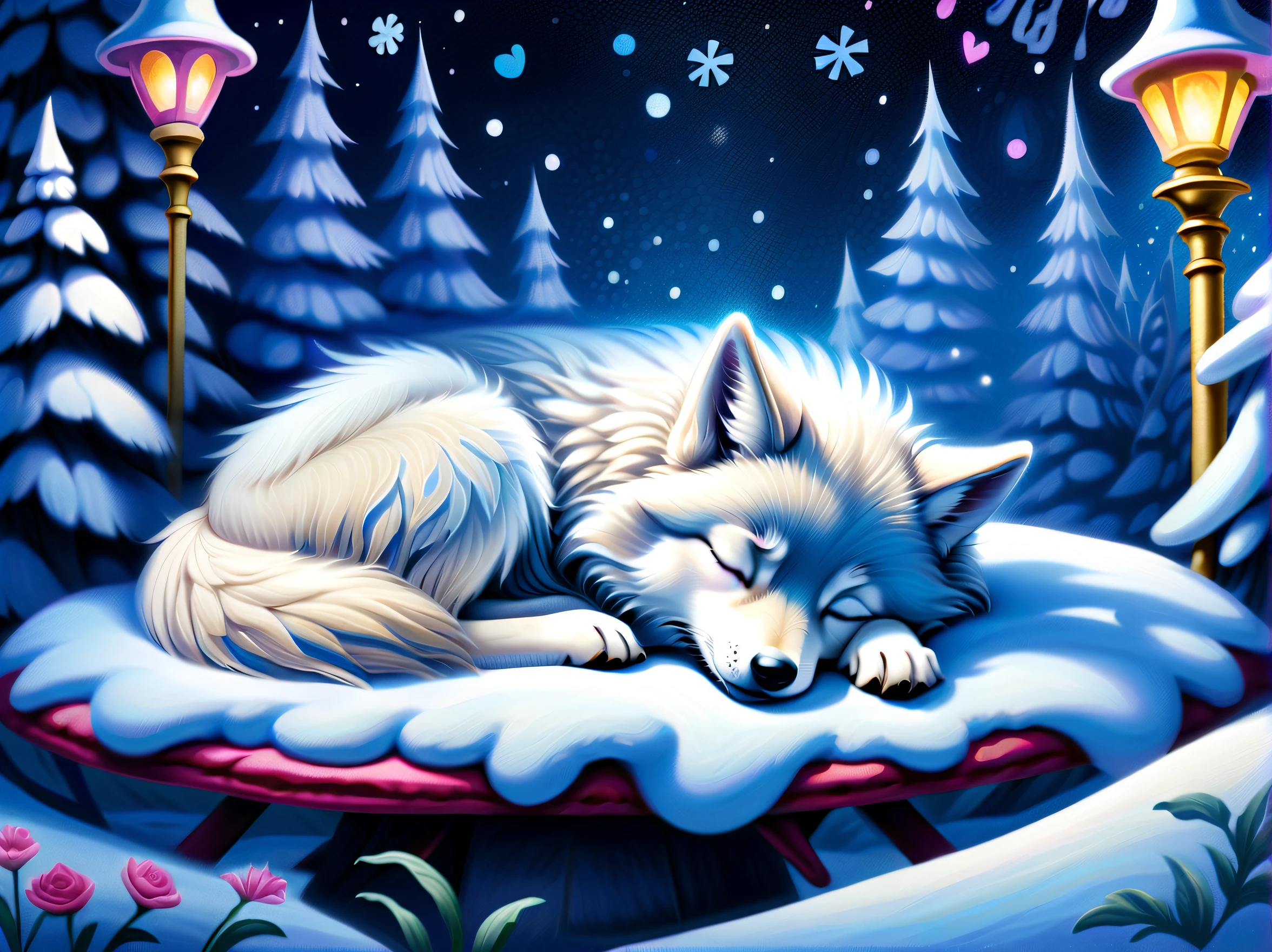 Panoramic Angle, A heartwarming snowy night scene of a cute sleeping wolf puppy was captured。, Emphasizing fine, delicate, fluffy fur, In the timeless fantasy style of Realm Glitter Art, Stunningly enchanting fairy tale gouache illustrations, Brightly colored glitter snowflakes sparkle exquisitely, Peaceful sleep  beautifully depicted., (((Inspire Alice in Wonderland theme park background。:1.3))), Add exemplary delicate brushstrokes, The perfect balance of cuteness and artistry, High contrast masterpiece, Detailed 32K rendering,