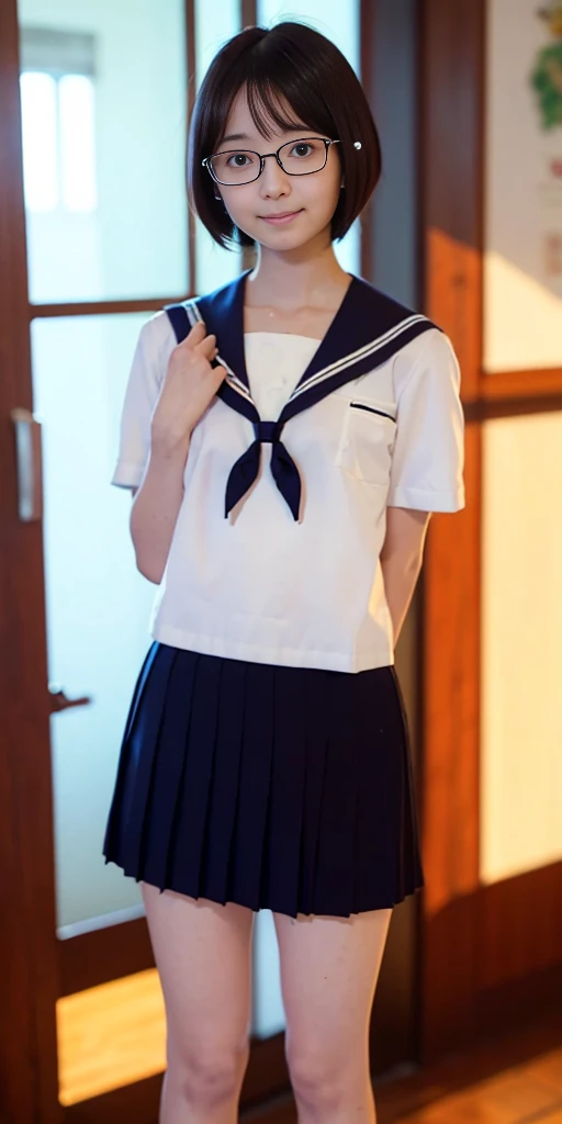 8k,cinematic lighting,top-quality,Top image quality,masterpiece,best quality,depth of field,ultra-detailed,from front,Standing,mideum shot,full body,1girl,Japanese,24 years old,(Black short bobcut),(Oval light brown cell frame glasses)smile,(slender body:1.1),((flat chest:1.6)),hard erect nipples,slightly large hip,realistic pussy,(hairy pussy:1.5),camel toe,(sunburn tanlines:1.1),(tanned skin:1.1),school hallway,(seifuku:1.3),school uniform,red scarf,(navy blue pleated skirt),