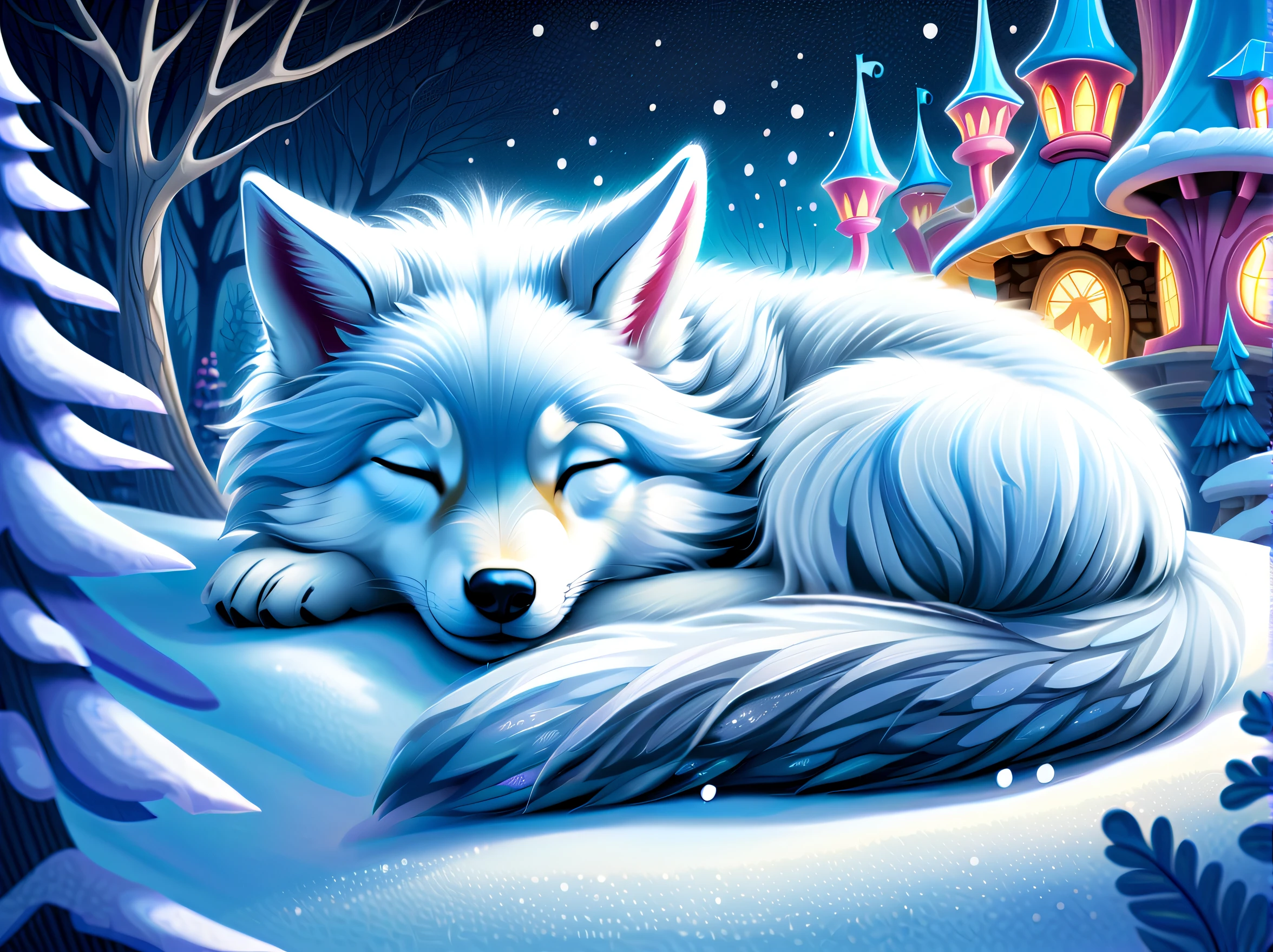 Panoramic Angle, A heartwarming snowy night scene of a cute sleeping wolf puppy was captured。, Emphasizing fine, delicate, fluffy fur, In the timeless fantasy style of Realm Glitter Art, Stunningly enchanting fairy tale gouache illustrations, Brightly colored glitter snowflakes sparkle exquisitely, Peaceful sleep  beautifully depicted., (((Inspire Alice in Wonderland theme park background。:1.3))), Add exemplary delicate brushstrokes, The perfect balance of cuteness and artistry, High contrast masterpiece, Detailed 32K rendering,