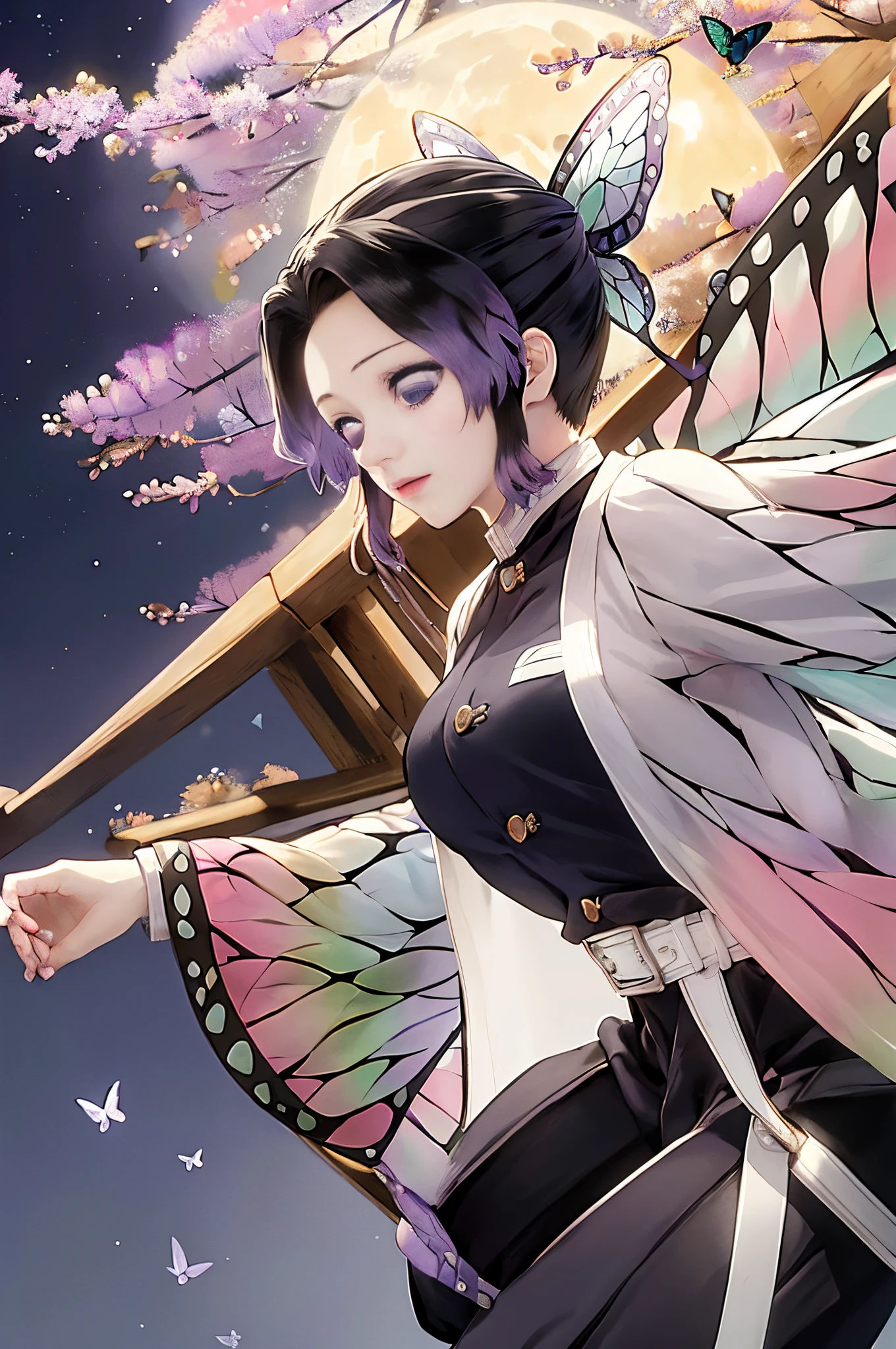 masterpiece, best quality, highres, 1girl, solo, kochou shinobu, butterfly hair ornament, purple eyes, multicolored hair, short hair, parted bangs, black pants, black jacket, long sleeves, belt, cowboy shot, forest, night, moon、Luminous butterfly、