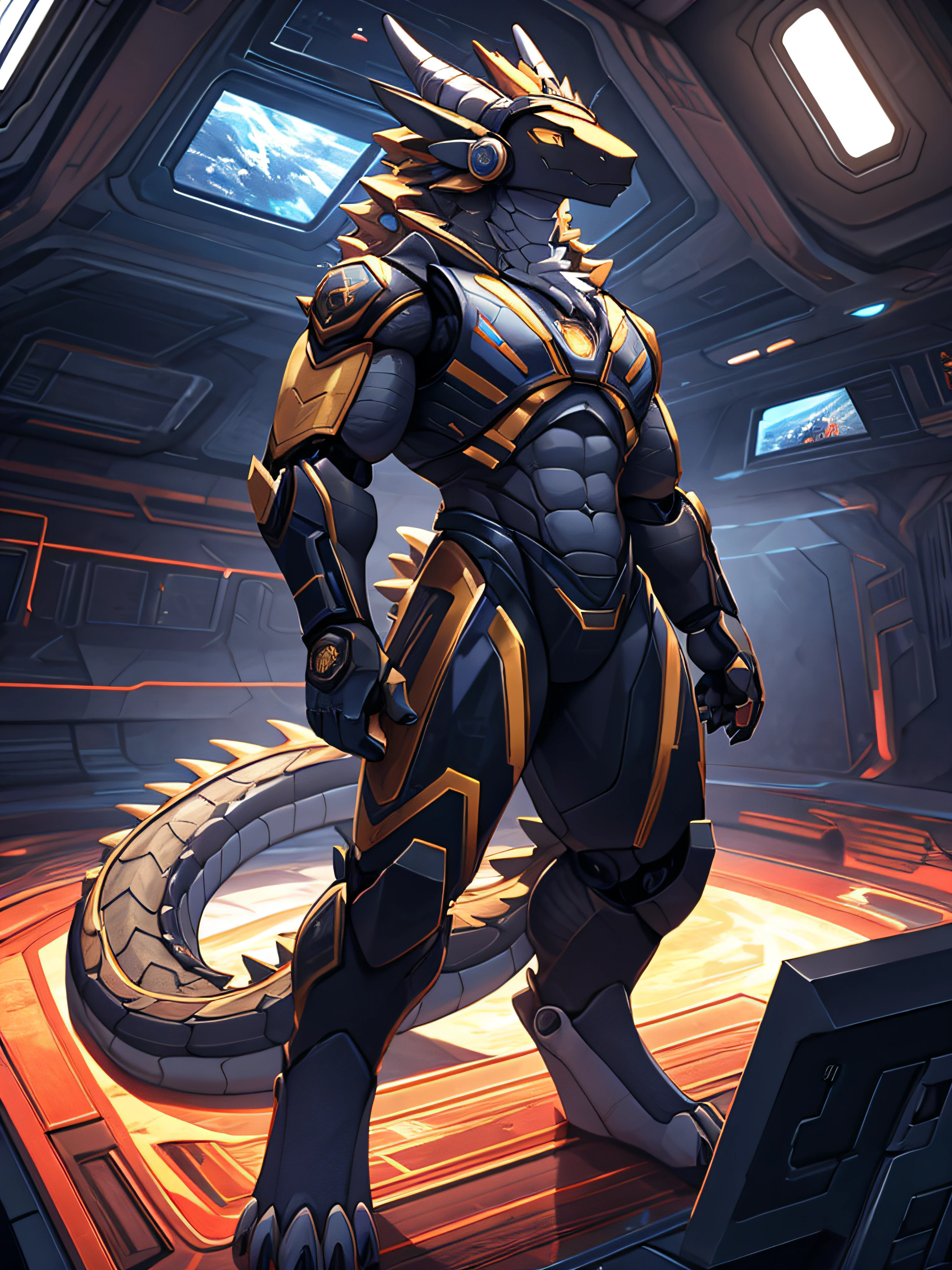 furry,bara,a dragon,golden eyes,muscular,Wear a robot island suit..,Both hands hold guns..,Standing in a broken spaceship,Turn to look at the listener,Maximum image resolution,detailed texture, hyper-realistic texture,body&#39;Has a detailed, sharp pattern..,HDR,10