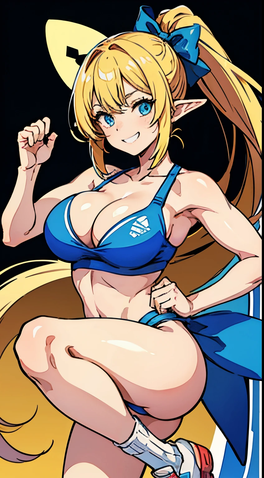 (masterpiece), 1girl, best quality, expressive eyes, perfect face, 1girl, (karate girl), Blonde hair BREAK ponytail, hair bow, blue bow BREAK elf, pointy_ears, large breasts, muscle growth, sneakers, blue sport bra BREAK blue buruma BREAK smile, grin, looking at viewer, standing