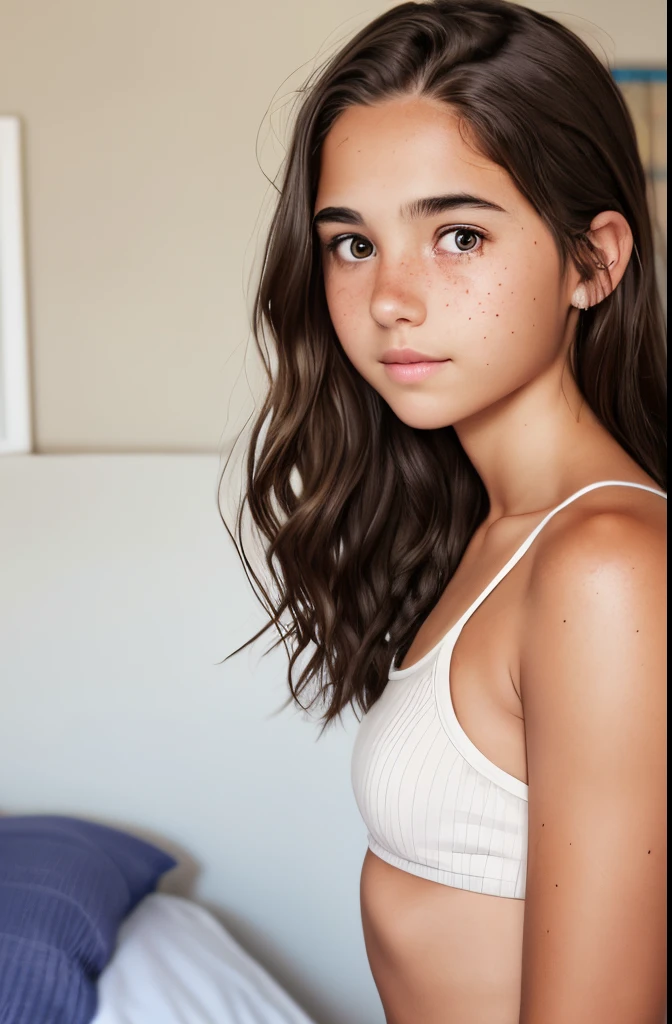 1girl. Tan skin, freckles on nose, freckles on cheeks, dark brown hair, wavy hair, hair braid, white ribbed tank, twenty years old, bedroom