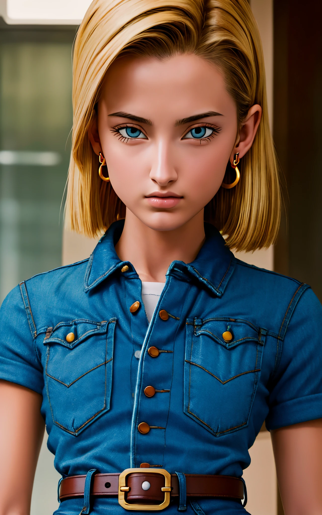 (masterpiece, best quality), realistic version of android18, earrings, denim, belt upper body, focus face, perfect face, Emily Rudd.