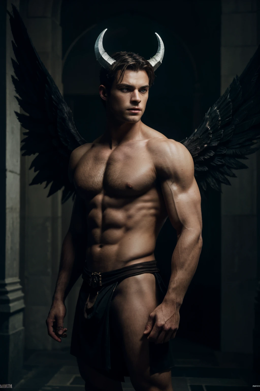 ((masterpiece)),((bestquality)),8k, high detailed, ultra-detailed, Stylish Pose, real skin texture, cinematic lighting, 21 year old male model, black demon horns, white pale skin, blue eyes, short brown messy hair, strong jawline, masculine, defined fit body, hairless chest, prince aesthetic. gothic architecture, black massive huge angel wings, spartan loincloth, dim light, dark atmosphere, backlight.