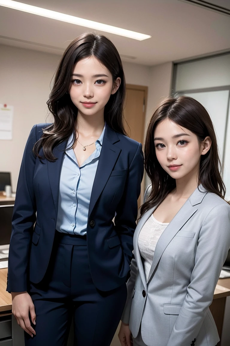 (Masterpiece), (8K, Photorealistic, RAW Photography, Best Quality: 1.4), Japan, Beautiful Face, (Realistic Face), (Medium Hair:1.3), Realistic Eyes, Beautiful Eyes, Attractive, Ultra High Definition, Ultra Realistic, High Definition, Beautiful Japan woman, grey suit, open jacket, office lady, suit, ((pants)), office, desk, detailed face, long hair, group picture, multiple girls, 4girls, looking at viewer, ((smile))