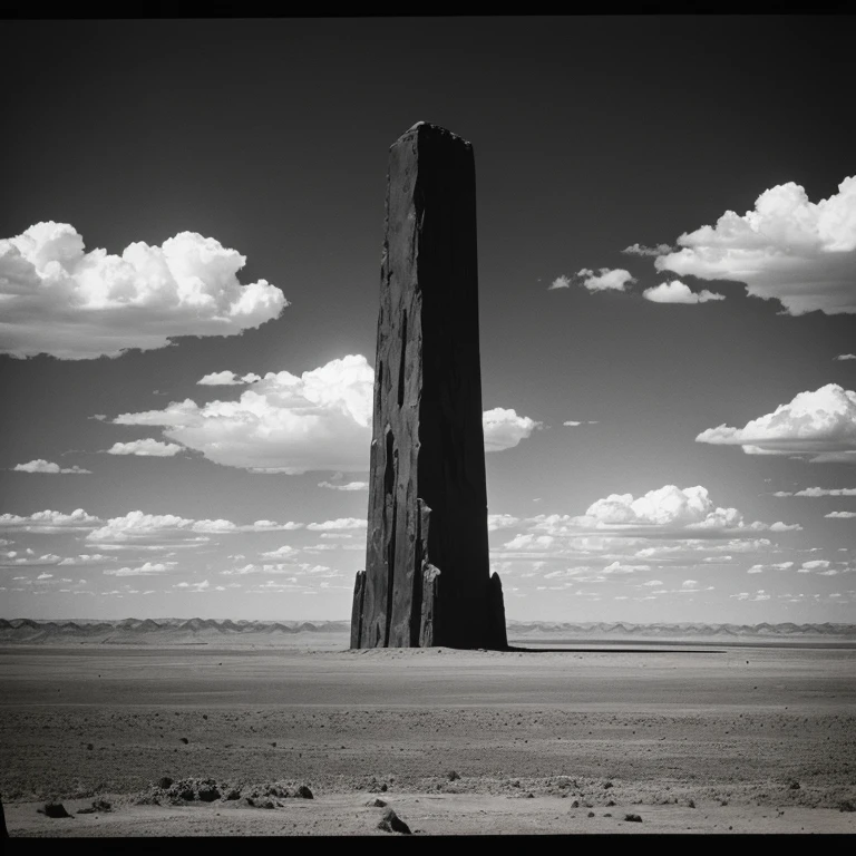 Gigantic black monolith in far far distance in a desert standing higher than the clouds, 1970's existential dread Stanley kubrik style 2002 a space Odyssey Esq grainy retro camera style