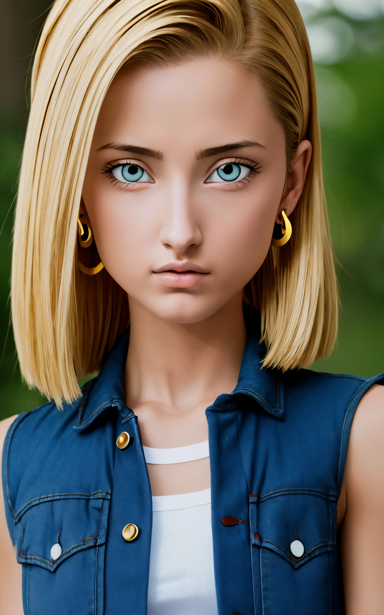 (masterpiece, best quality), realistic version of android18, earrings, denim, belt upper body, focus face, perfect face, Emily Rudd.