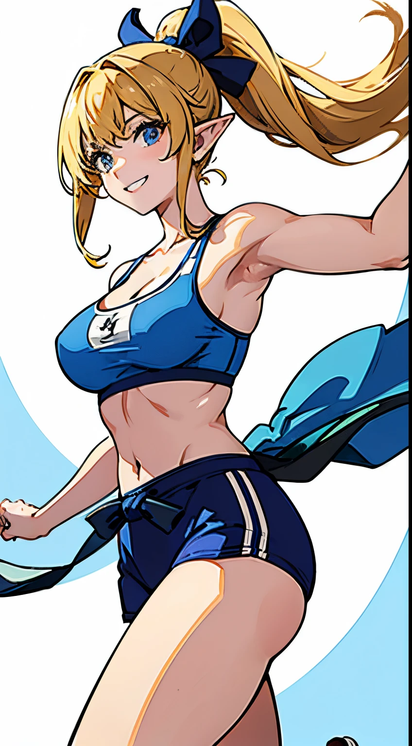 (masterpiece), 1girl, best quality, expressive eyes, perfect face, 1girl, (karate girl), Blonde hair BREAK ponytail, hair bow, blue bow BREAK elf, pointy_ears, large breasts, muscle growth, sneakers, blue sport bra BREAK blue buruma BREAK smile, grin, looking at viewer, standing