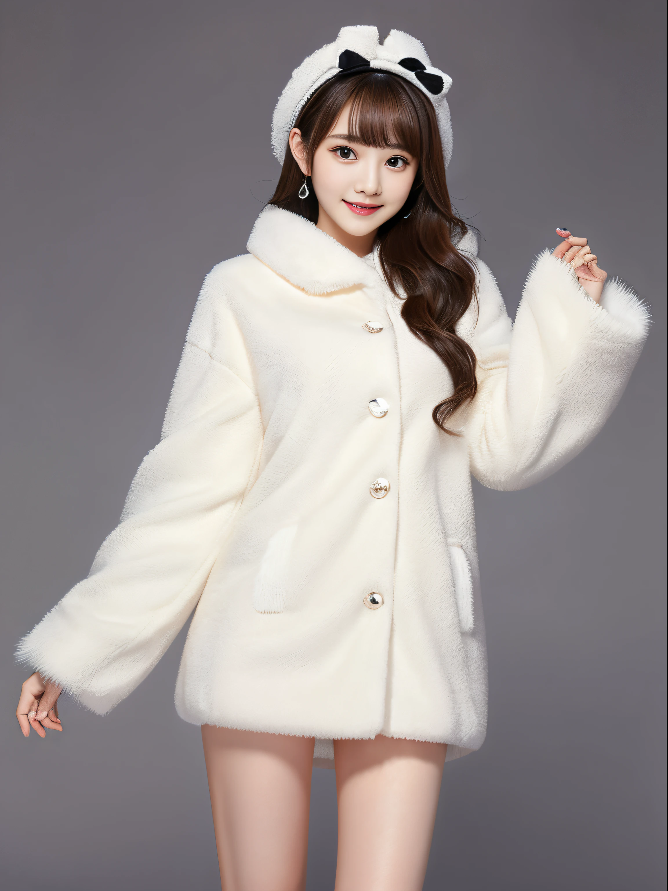 (Best Illustration, masutepiece) High resolution, Soft skin,, [( Black fur, Pink inside:1.2), (romantic, Atmosphere):1.3]　The white skirt under the fur coat is a full-length high-resolution drawing.,　Unparalleled beauty details,