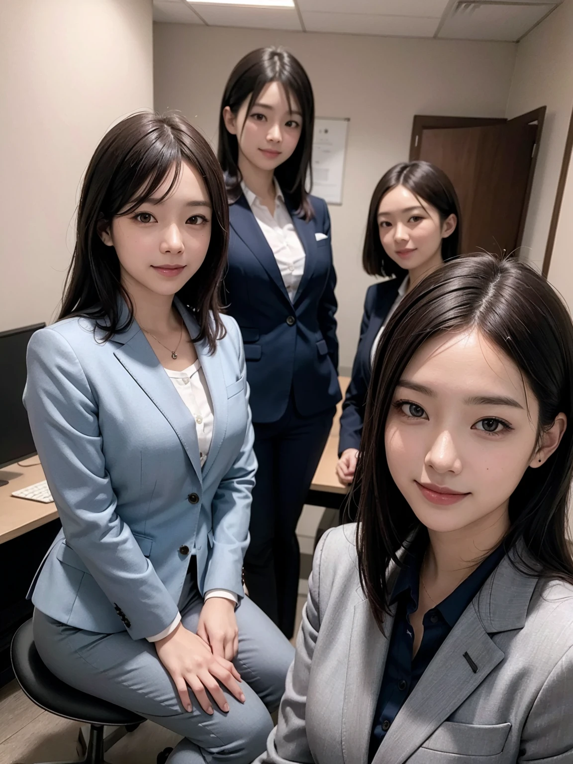 (Masterpiece), (8K, Photorealistic, RAW Photography, Best Quality: 1.4), Japan, Beautiful Face, (Realistic Face), (Medium Hair:1.3), Realistic Eyes, Beautiful Eyes, Attractive, Ultra High Definition, Ultra Realistic, High Definition, Beautiful Japan woman, grey suit, open jacket, office lady, suit, ((pants)), office, desk, detailed face, long hair, group picture, multiple girls, 4girls, looking at viewer, ((smile))
