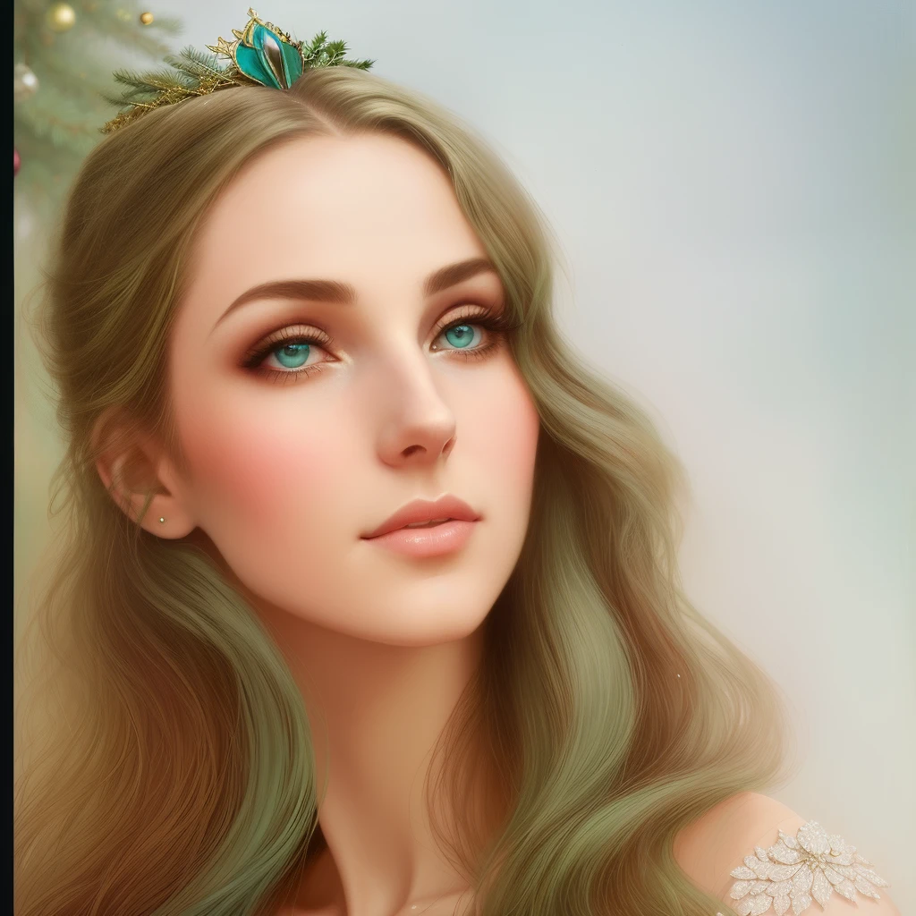 Arafed woman in green dress sitting in front of Christmas tree, tom bagshaw style, Elegant portrait, portrait of Tom bagshaw, inspired by Delphin Enjolras, tom bagshaw artstyle, elegant digital painting, portrait of a princess, Tom Bagshaw inspired, artstyle: Tom Bagshaw, tom bagshaw style, In the style of Tom Bagshaw, Cyan eyes