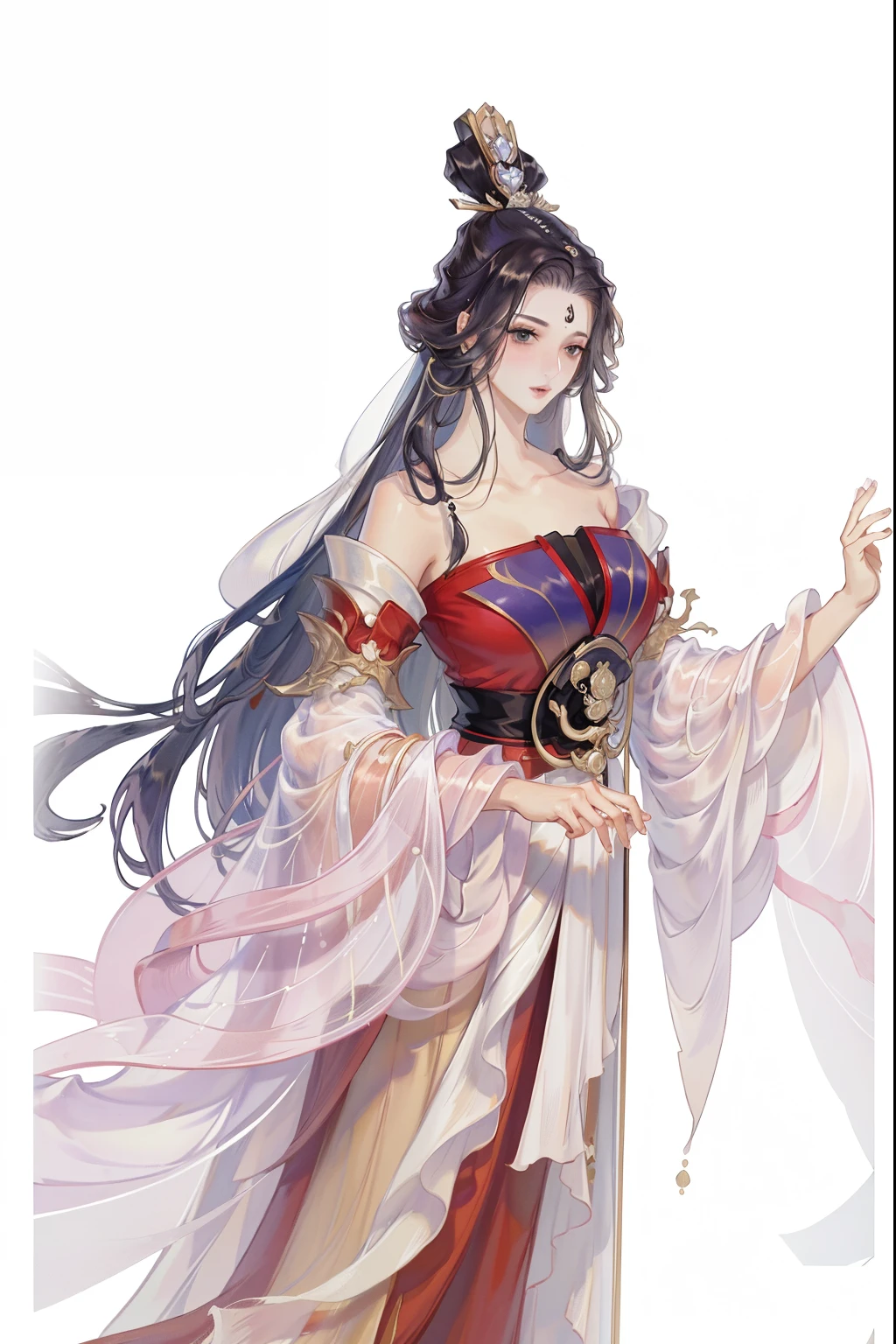 (((tmasterpiece, Best quality, 超高分辨率, CG unified 8K wallpaper, Best quality at best, ultra - detailed, ultra HD picture quality))), 1 girl, cabelos preto e longos, game fairy, Red clothes, Hanfu, yarn, flowing gauze, jewely, Nice face, beautidful eyes, Beautiful hairstyle, Beautiful costumes, Structurally sound