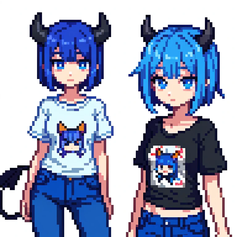 An 18 year old half blue demon girl,com dois chifres pequenos, olhos de gato, Demon syrup, camiseta cortada na metade, mini short jeans.