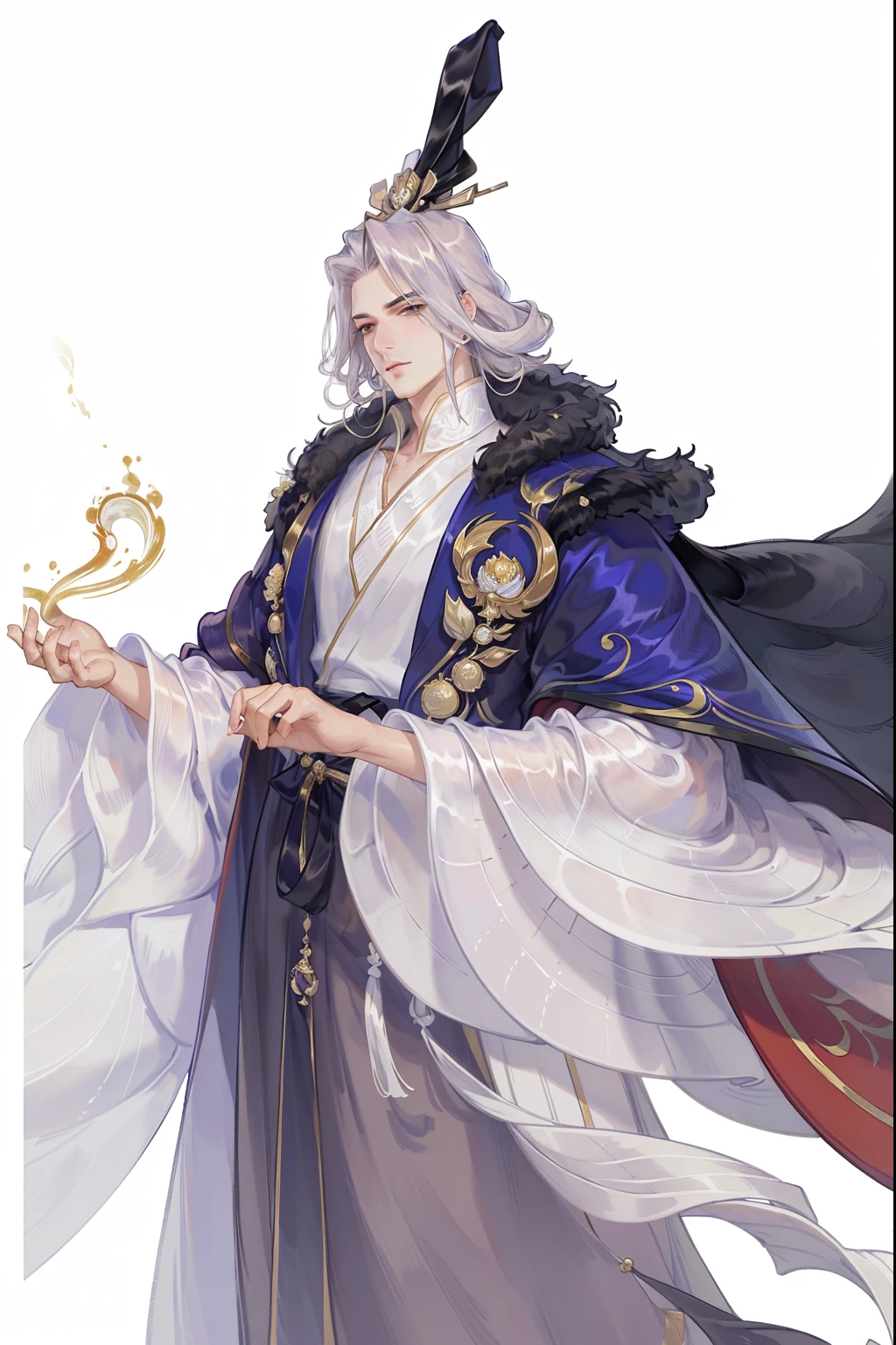 (((tmasterpiece, Best quality, 超高分辨率, CG unified 8K wallpaper, Best quality at best, ultra - detailed, ultra HD picture quality))), 1 boy, cabelos preto e longos, game prince, Blackn clothes, The spirit of kings, Hanfu, ((Furry cape)), Large fur collar, yarn, flowing gauze, jewely, Nice face, beautidful eyes, Beautiful hairstyle, Beautiful costumes, Structurally sound