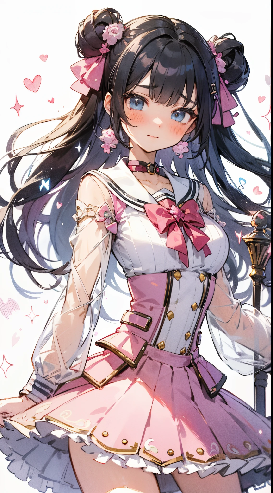 High-quality Pixiv illustrations in Japanese anime style with clear line drawings, Transparent watercolor, and clear shading, Wearing an elegant pink sailor suit、Features a beautiful young woman with low black pigtails。。, Rin-chan looks like an idol々take a new pose., had an aura of . Add hearts and sparkle to your illustrations、Add playfulness and charm。, A combination of elegance and magic, Lively atmosphere