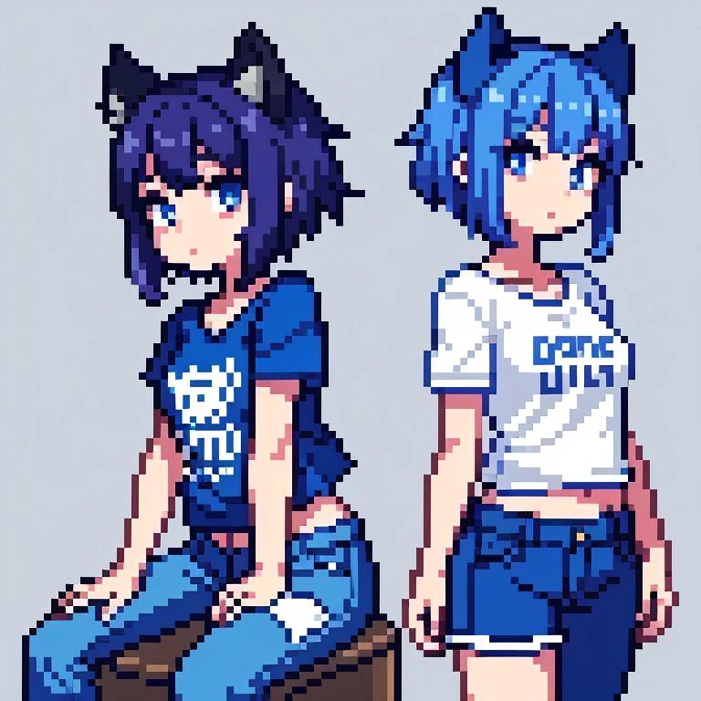 An 18 year old half blue demon girl,com dois chifres pequenos, olhos de gato, Demon syrup, camiseta cortada na metade, mini short jeans.