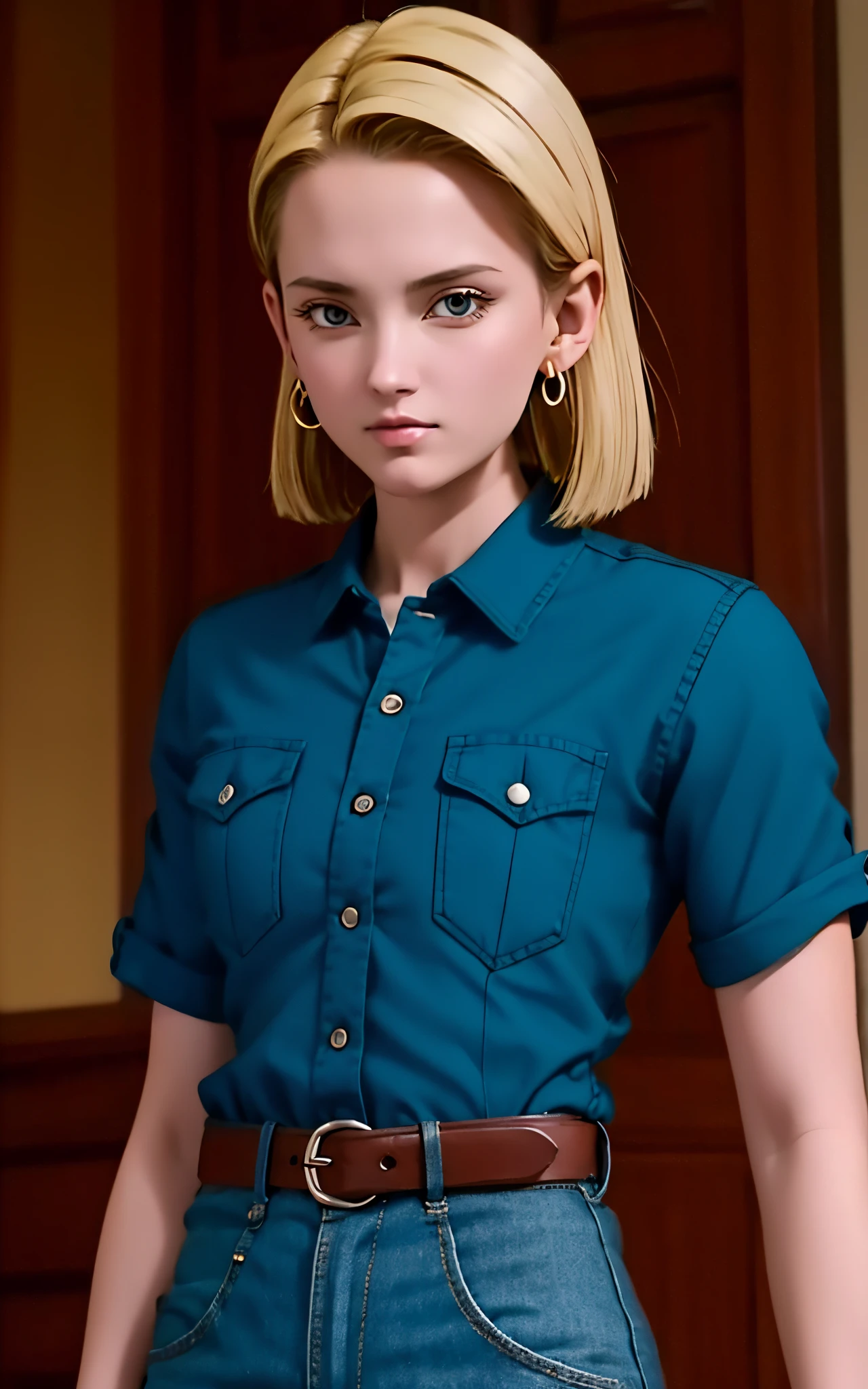 (masterpiece, best quality), realistic version of android18, earrings, denim, belt upper body, focus face, perfect face, Emily Rudd.