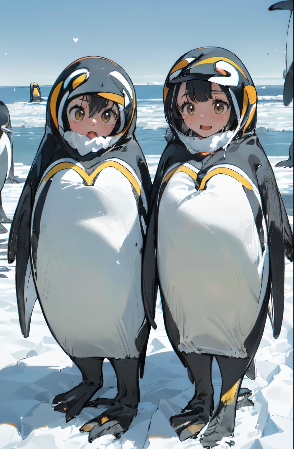 masutepiece,Best Quality,ultra-detailliert,4K,superfine illustration,very detailed beautiful face and eyes,fullllbody,
(Antarctic exploration:1.3), (Two girls wearing penguin costumes:1.8), (Surrounded by a colony of emperor penguins:1.3), (Be enchanted by the majestic Antarctic wildlife:1.2), (white nature that stretches to the horizon:1.3), (Heart of emperor penguin habitat:1.3), (Let's observe penguins'curious antics:1.2), (The sound of penguin cries breaks the silence of winter..:1.3),