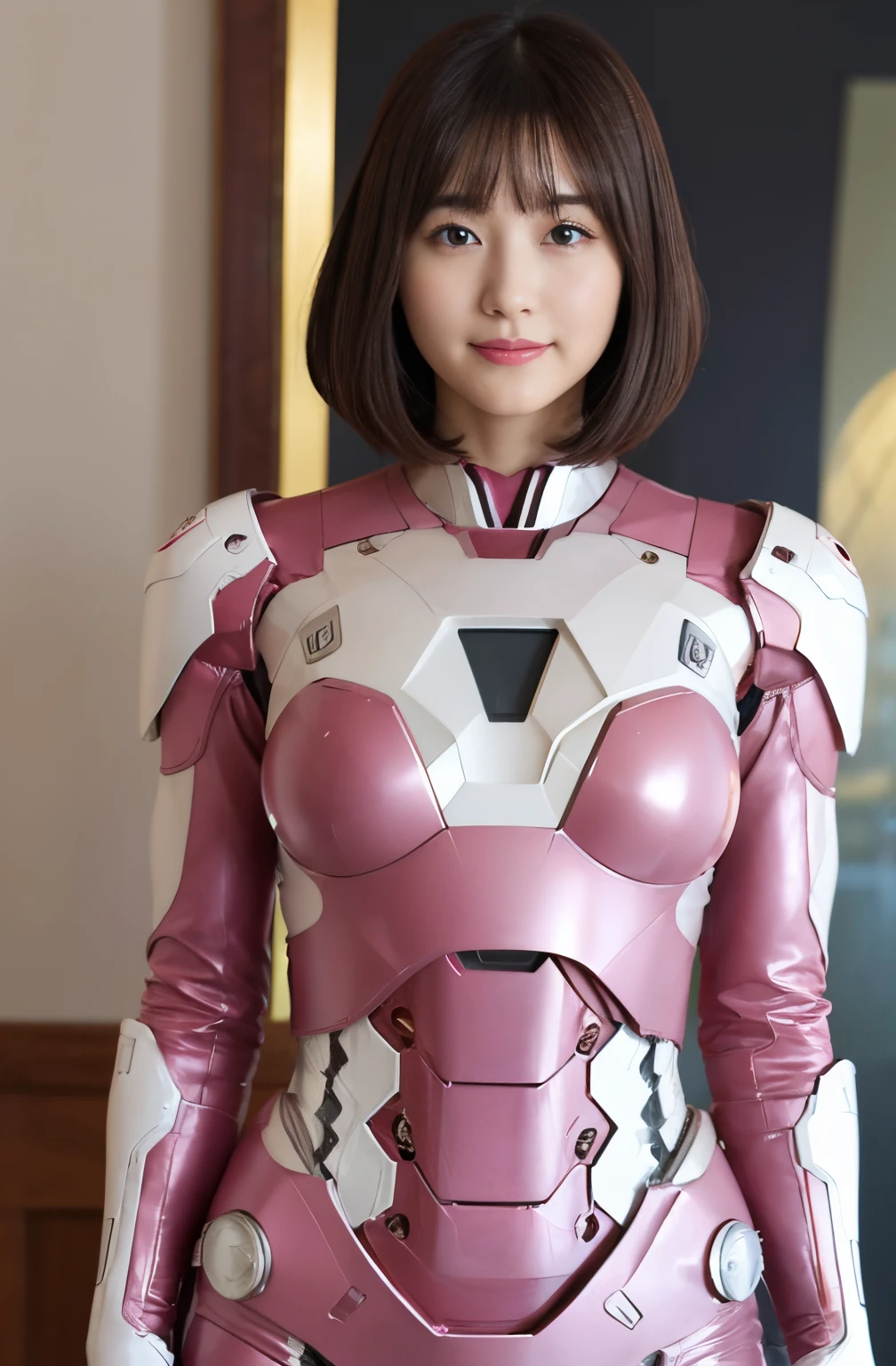 （ultra best quality、in 8K、masuter piece、delicate illustration、full body Esbian）,Wearing a dark pink and white Iron Man suit、A beautiful and bewitching Japanese 22-year-old woman、Plump body、A dark-haired、bob cuts、A slight smil、dynamic pose room、shot from top