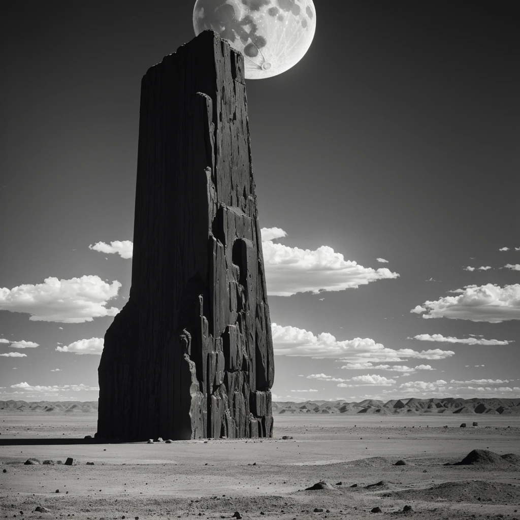 Gigantic black monolith bigger than the moon in far far distance in a desert standing higher than the clouds, 1970's existential dread Stanley kubrik style 2002 a space Odyssey Esq grainy retro camera style