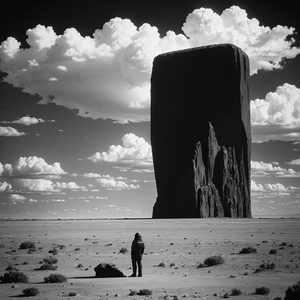 Gigantic black monolith bigger than the moon in far far distance in a desert standing higher than the clouds, 1970's existential dread Stanley kubrik style 2002 a space Odyssey Esq grainy retro camera style