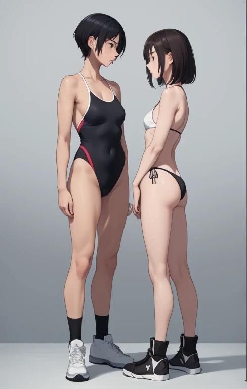 full body photographed、masterpiece、top-quality、hight resolution、Short-cut black hair、is standing、weak、High leg cut swimsuit,sports bikinis、white sporty boots、distressed face、Sweaty skin、Professional wrestling venues、professional wrestling、((On the ring of professional wrestling:1.1))、Red face、 girl,teenrl、((is standing:1.2))、Two Women、Looking at each other、look at each other closely、Glaring at each other(shot from a side angle:1.1)、short stature、Elaborate Eyes,topless