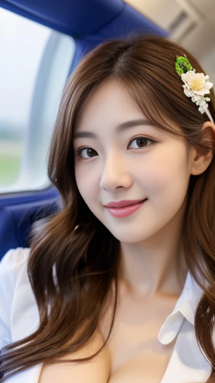 (Best Quality, 4K, Masterpiece: 1.retty Korean Woman Wearing Rose Flower Hair Accessories , 1girl, Sexy: 1.1, Long Brown Hair: 1.1, Ultra-detailed Face, Detailed Lips, Delicate Eyes, Stewardress Suit, Big Breast, (W cup), Woman Age 20,  In Cabin Flight, Breast Girl Stand Out, Breast Girl Looming Out, Full Body, Gently Smiling Tempt, Cabin Crew,Air Hostess,Flight Attedant,Standing