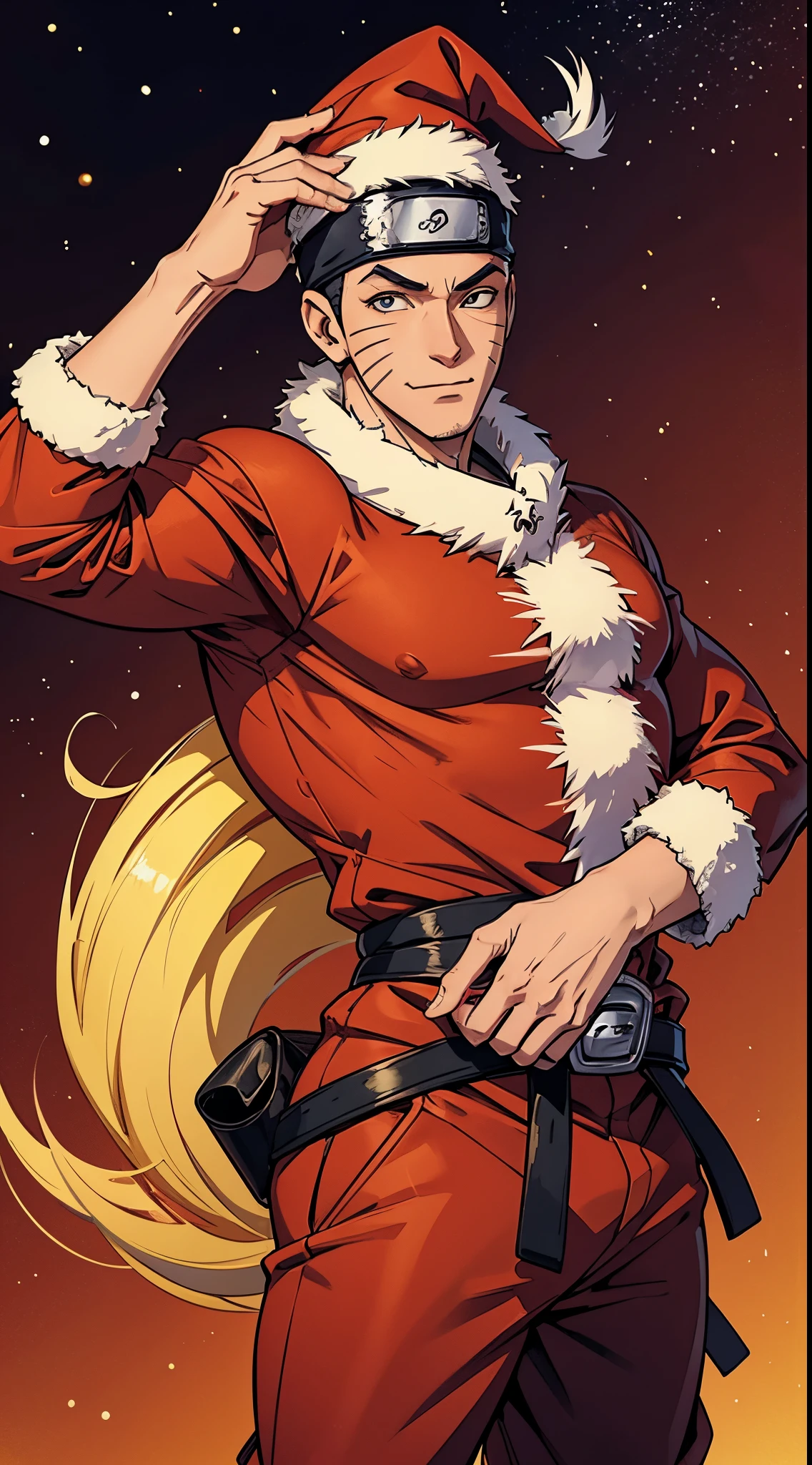 Naruto como Papai Noel, extremamente realista, feliz, entregando presentes, com casaco vermelho, gorro vermelho, noite de natal