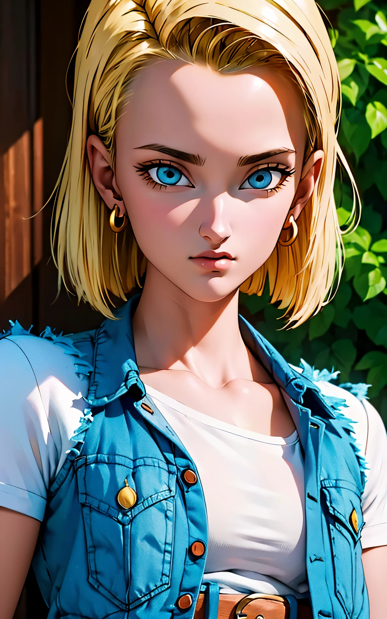 (masterpiece, best quality), realistic version of android18, earrings, denim, belt upper body, focus face, perfect face, Emily Rudd.