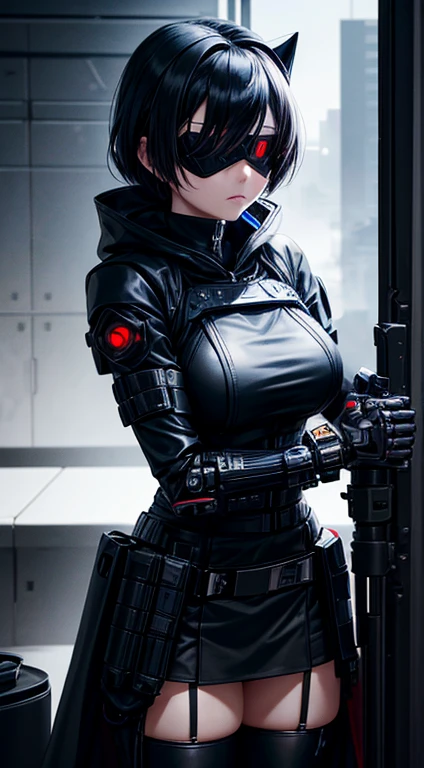 Anime,female, Blindfold,holster, black gloves, utility belt, black cape, black PONYTAILhair,exo suit,one mechanical arm ,black skirt, mechanical parts,special operator,black military tactical armor,cloaks,,latex suit with robotic limbs, in a cyberpunk setting, cyborg, implants, high details,8k