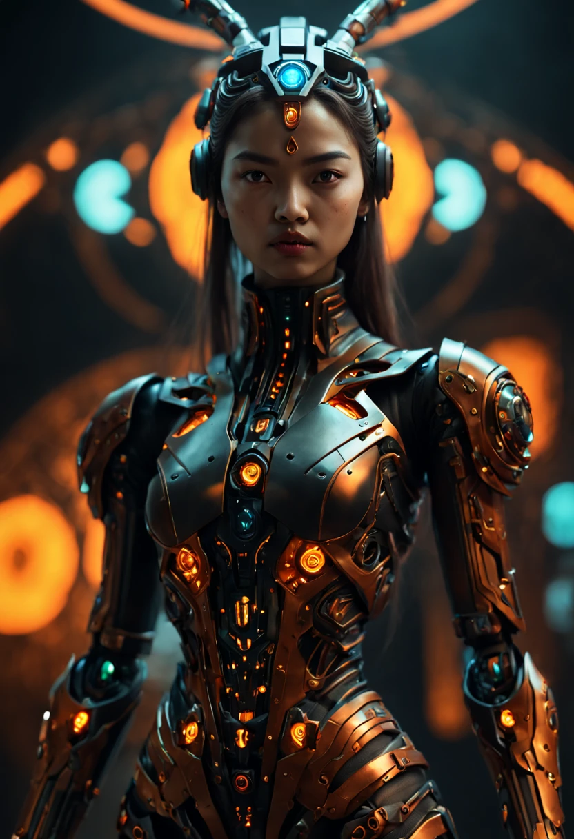 ((best quality)), ((masterpiece)), ((realistic, digital art)), Hyper HD, (hyper detailed), RAW Photography, (Perfect Body Shape), DonMCyb3rN3cr0XL Malay female Techno-witch, octane rendering, raytracing, volumetric lighting, Backlit, Rim Lighting, 8K, HDR,