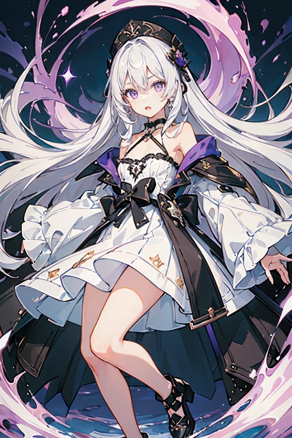 (best quality:1.3), (masterpiece:1.3), (illustration:1.3), (ultra-detailed:1.3), (imid shot:0.9), 1girl, solo, very young, full body, short neck, flat chest, purple eyes, jewel-like eyes, extremely detailed eyes, extremely detailed face, white hair, long hair, open mouth, looking at viewer, purple eyes, very young, hel-darkstar, ****, white dress, black coat