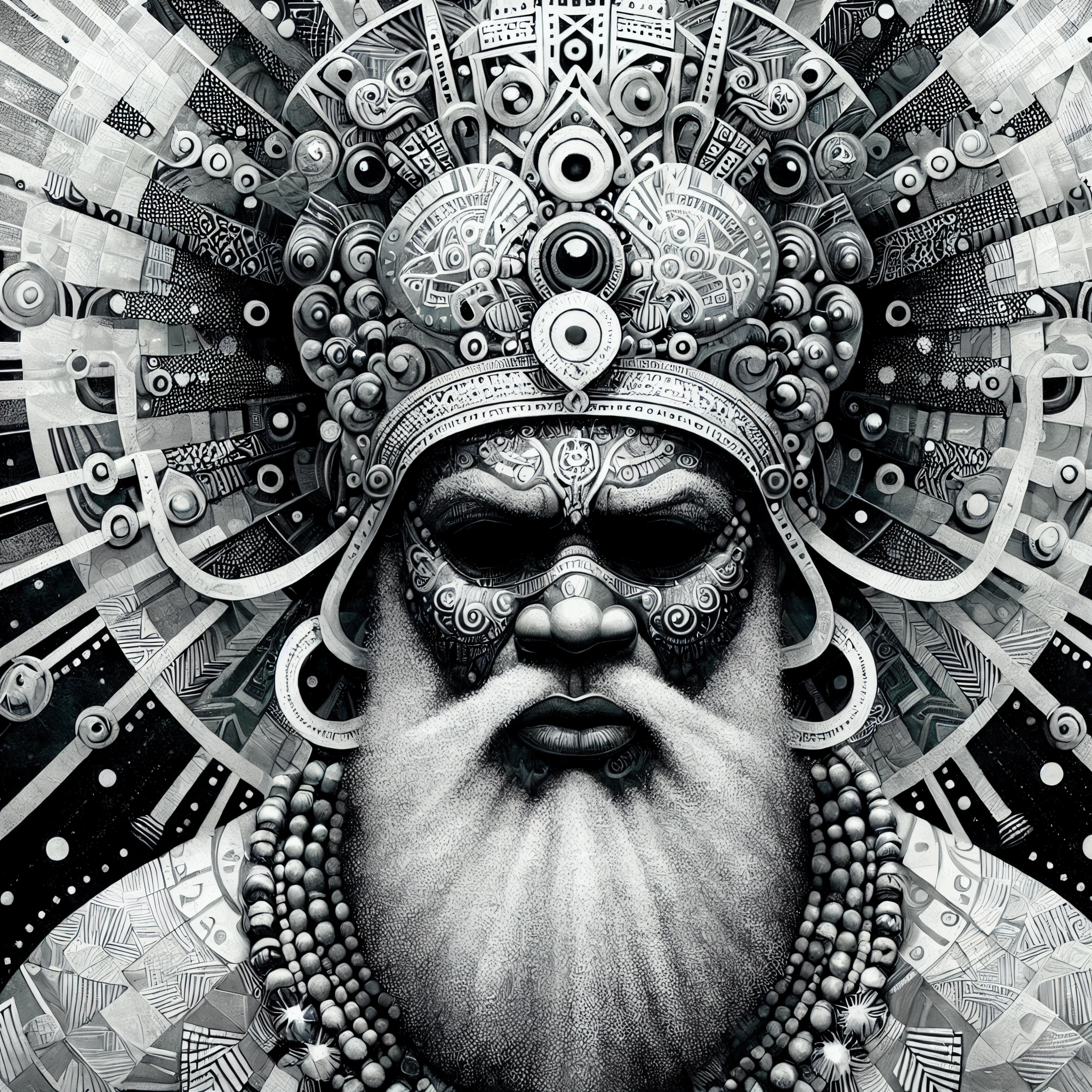 um desenho em preto e branco de um homem com barba e um grande cocar, hyper detailed visionary art, hyper - detailed visionary art, highly detailed visionary art, visionary art style, deus rei da arte ai, O Deus Imperador da Humanidade, arte psytrance, art deco shaman, arte digital de detalhes surpreendentes, visionary art, arte digital elaborada, arte digital ultra detalhada