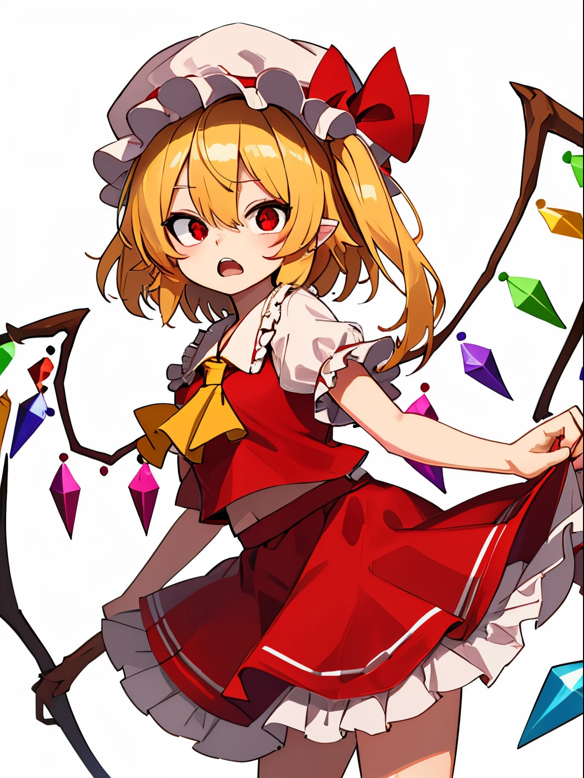 flandre scarlet, white mob cap, amazed, exaggerated expression, red eyes, skirt set, frills, center frills, medium breasts, simple background