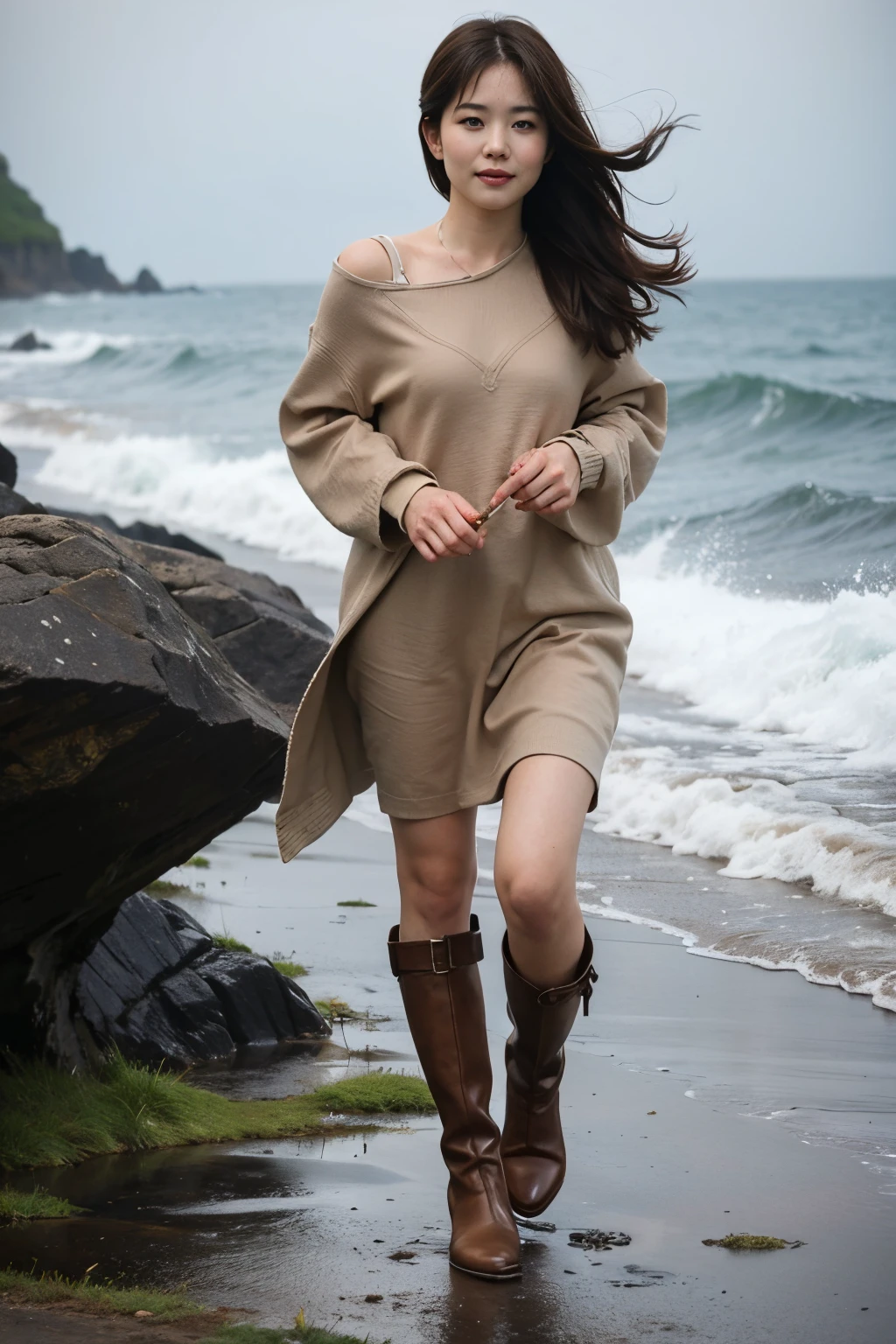 ((Top Quality)),((Masterpiece)),((Very Beautiful)), Distinctive light and shadow, One Naked girl, Messy hair, Realistic skin texture, Strong wind, Rain, Rocky shore, Rough sea, Feminine pose, short boots