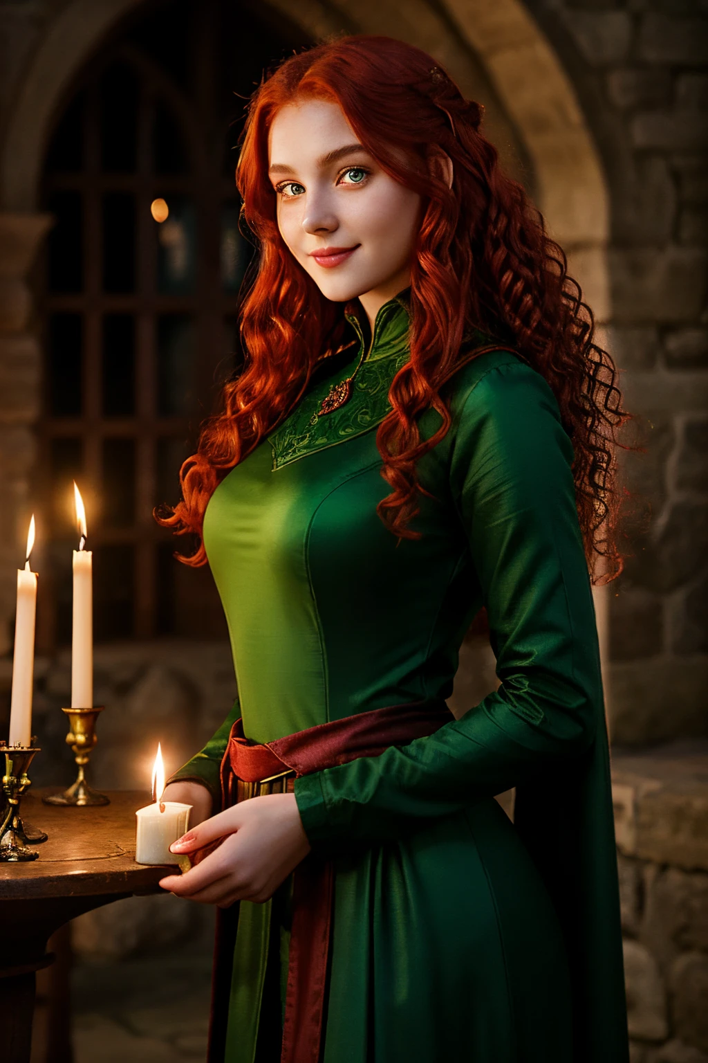 fair complexion, woman around 19 years old, natural curly red hair, distinctive green eyes, evil smile, wearing kohl, slender and graceful, beautiful, candlelight in a medieval setting, ultra sharp focus, realistic shot, medieval female red clothes, tetradic colors