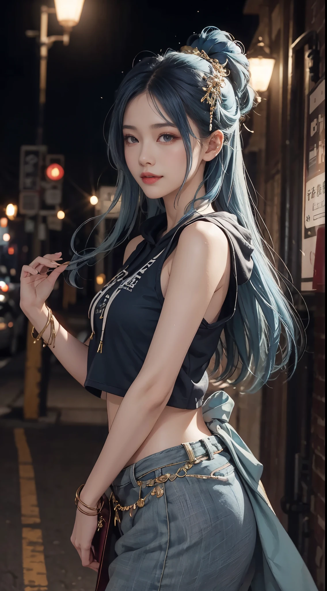 1girll，hoody，Blue hair，ssmile，Extra-long hair，cropped shouldereathers hair ornament，城市，the night，exteriors，8k，​masterpiece，Winning works，