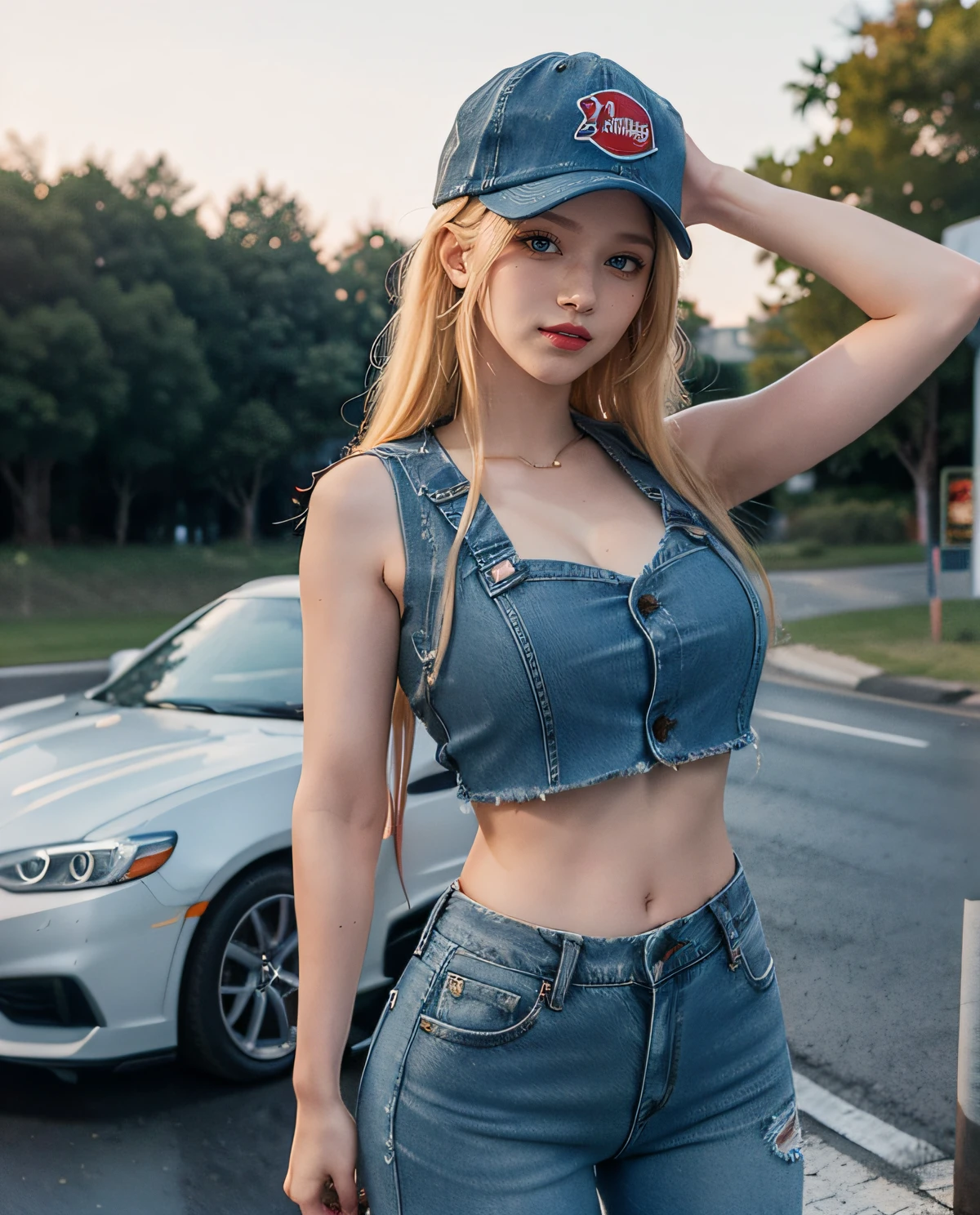 1girl, (ojos azules), (They are smiling), (En nombre de Minaj), caderas anchas, tetas grandes, grande, Trasero redondo, (La mejor calidad, 8k, Obra maestra: 1.3), Manos perfectas, Enfoque claro: 1.2, Belleza corporal perfecta: 1.4, abdominales delgados: 1.2, Highly Detailed Face and Skin Texture, ojos detallados, 双眼皮, labios rojos, (Cabello largo rubio), (deportes sin mangas :1.2), (Mezclilla :1.2), (Gorra deportiva :1.3), En pie, dynamic pose, en una ruta, Coches en el fondo